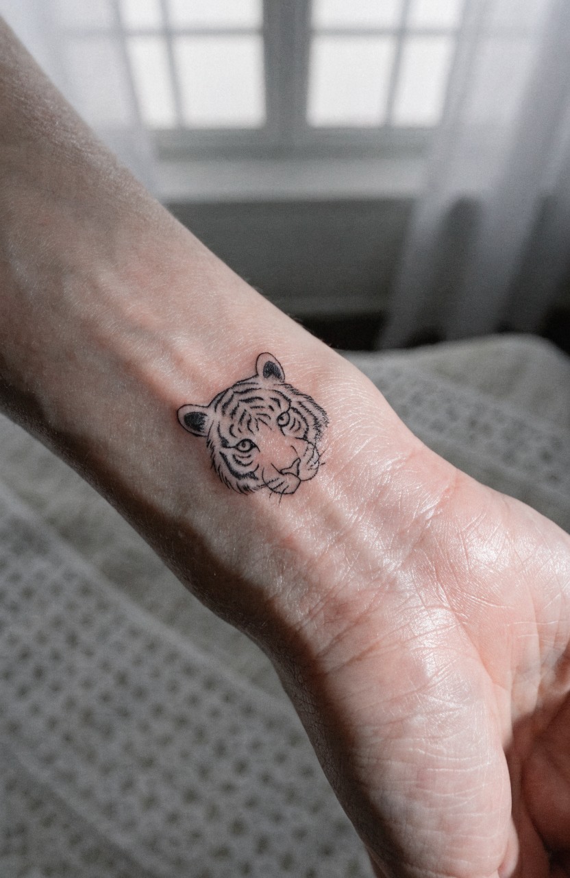 Minimalist black line art tiger head tattoo on a woman's forearm