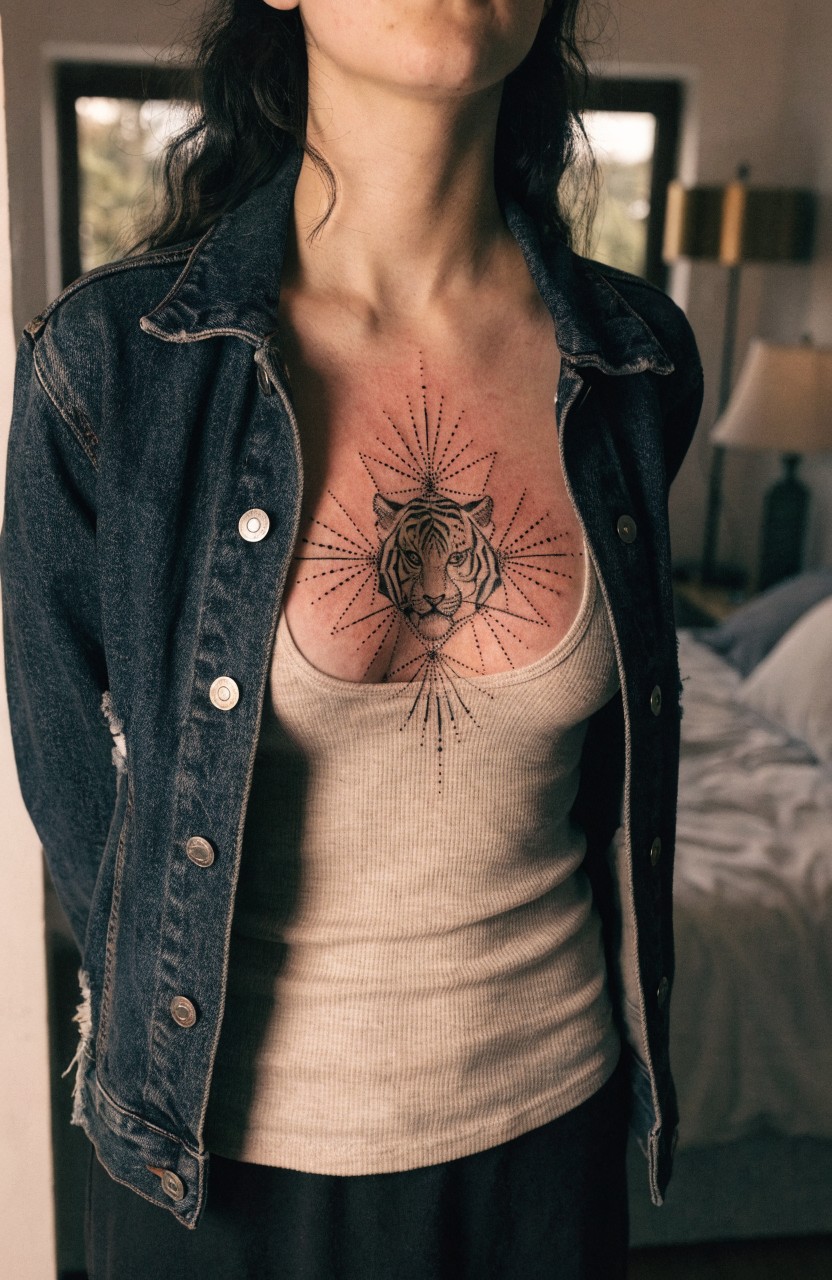 Black ink geometric tiger head tattoo with radiating starburst lines on a woman's upper chest visible under an open denim jacket and tank top