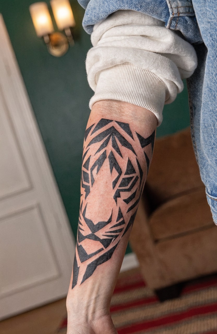 Black geometric tiger face tattoo covering a woman's forearm with angular lines, triangles, and negative space for facial features
