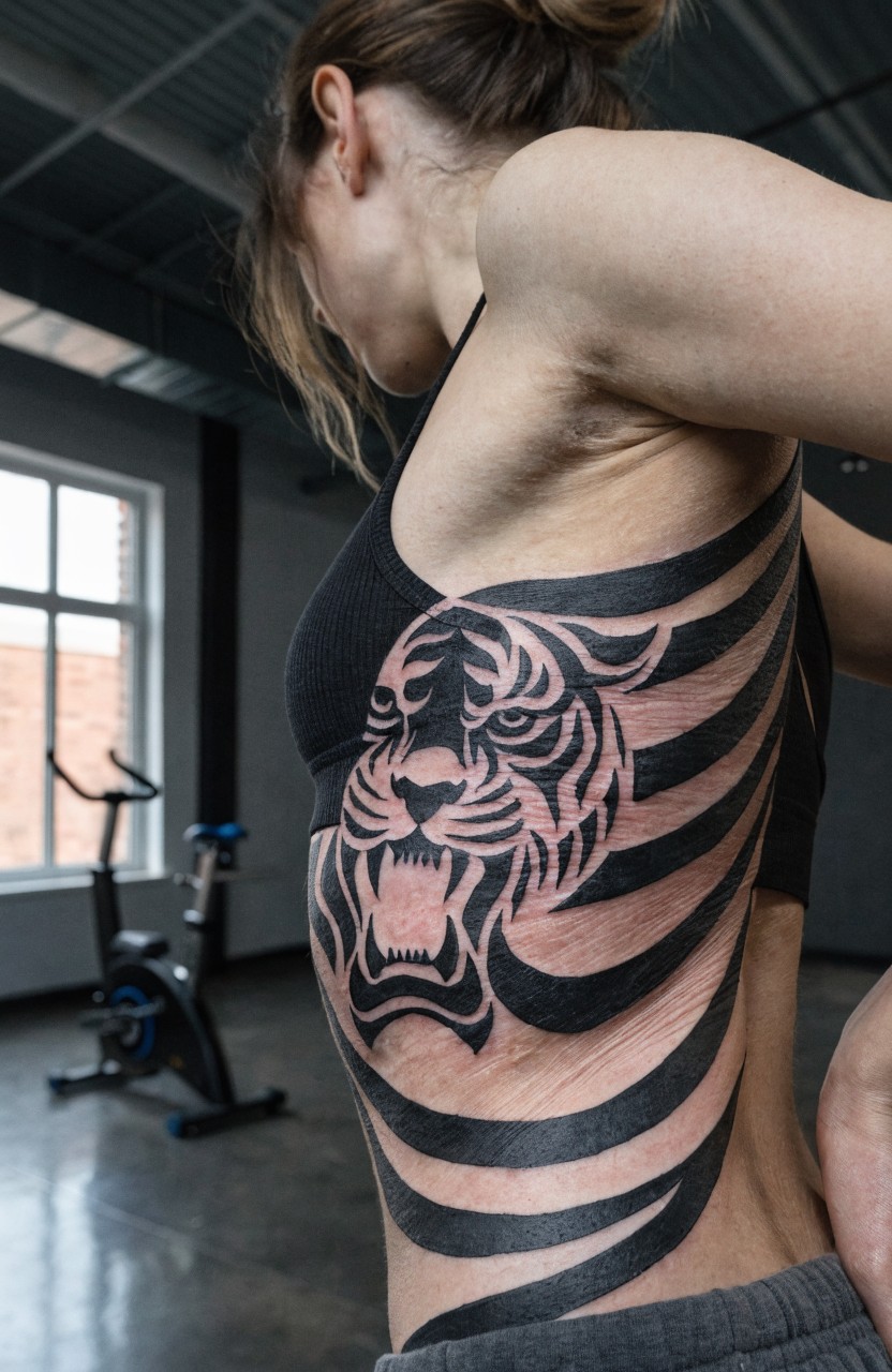 Black ink tiger tattoo on woman's side ribs with roaring head and curving stripes wrapping torso