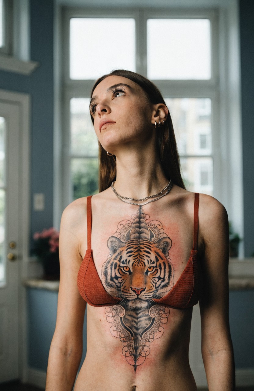 Woman's chest tattoo of a tiger face with intricate geometric and mandala patterns on sternum and upper abdomen