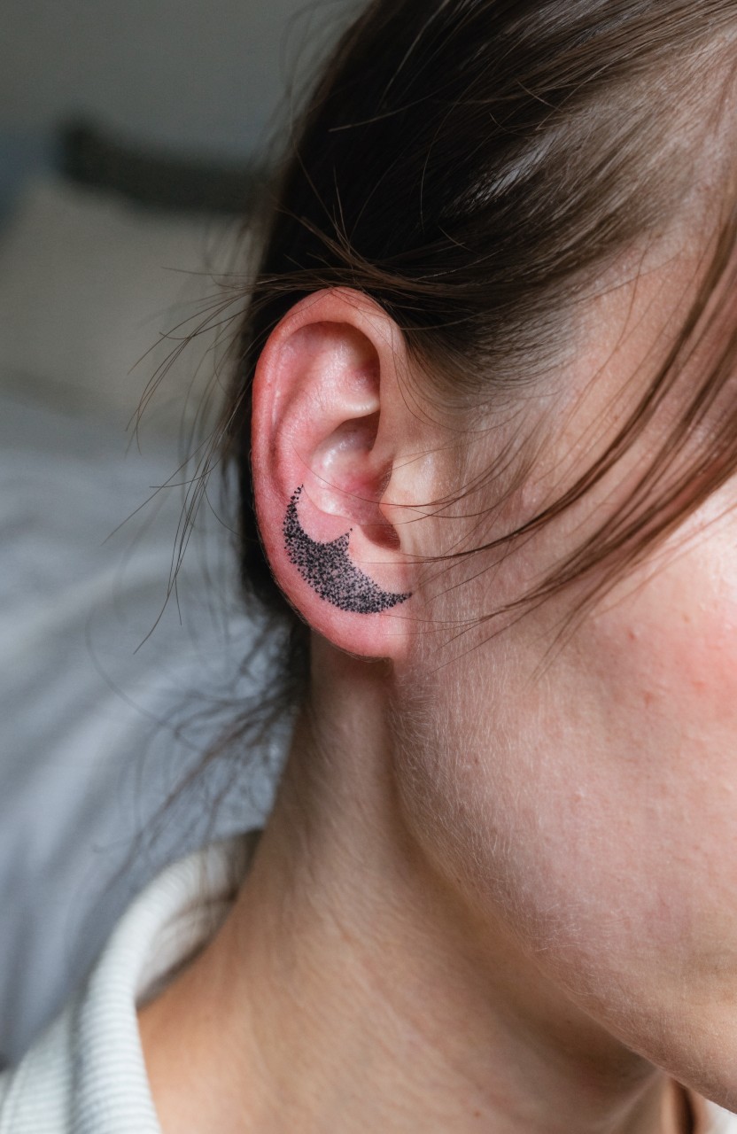 Minimalist black dotwork tiger face tattoo curving along a woman's outer ear helix
