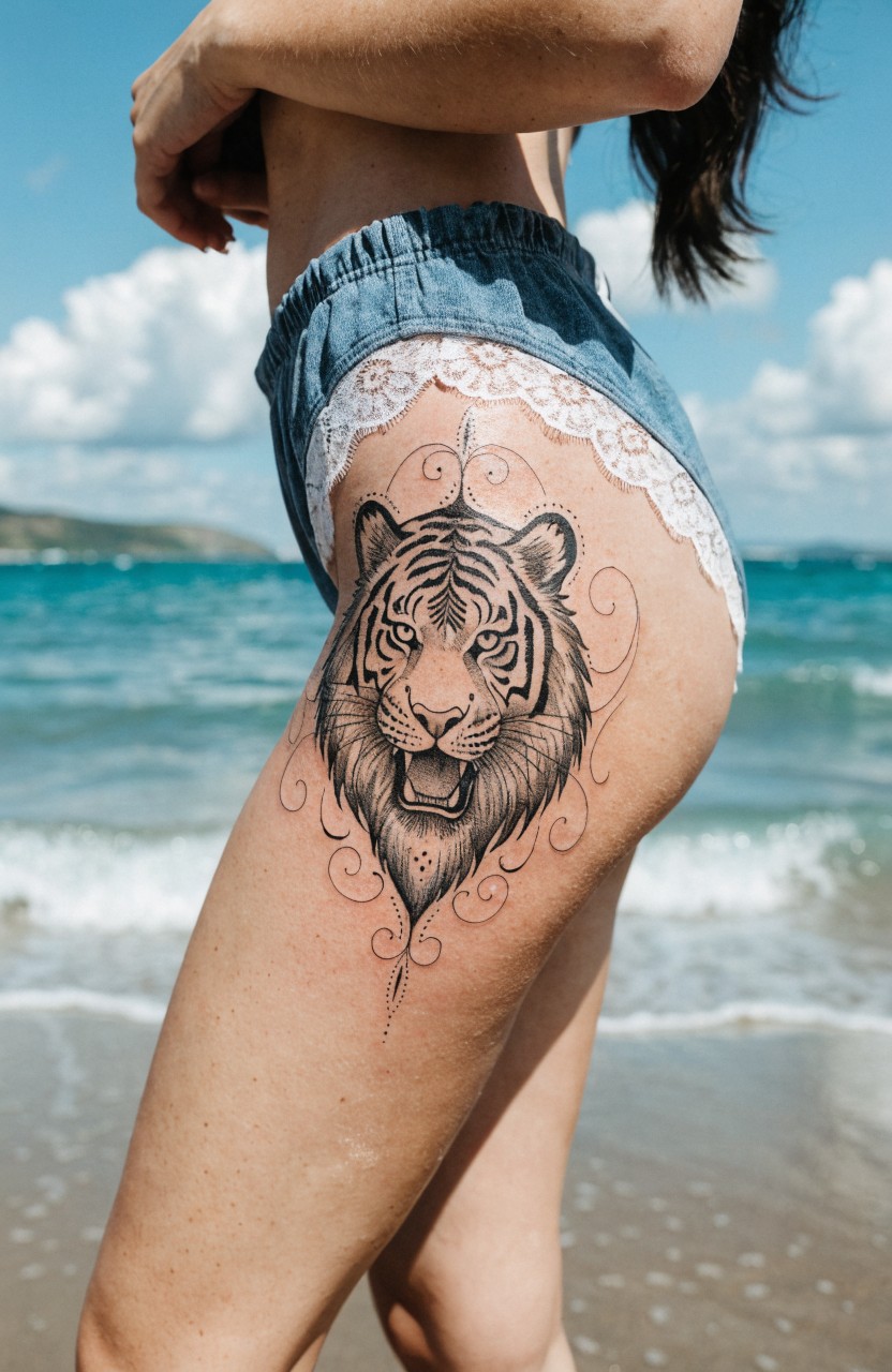 Black ink tiger head tattoo on outer thigh with intricate swirling patterns around the face