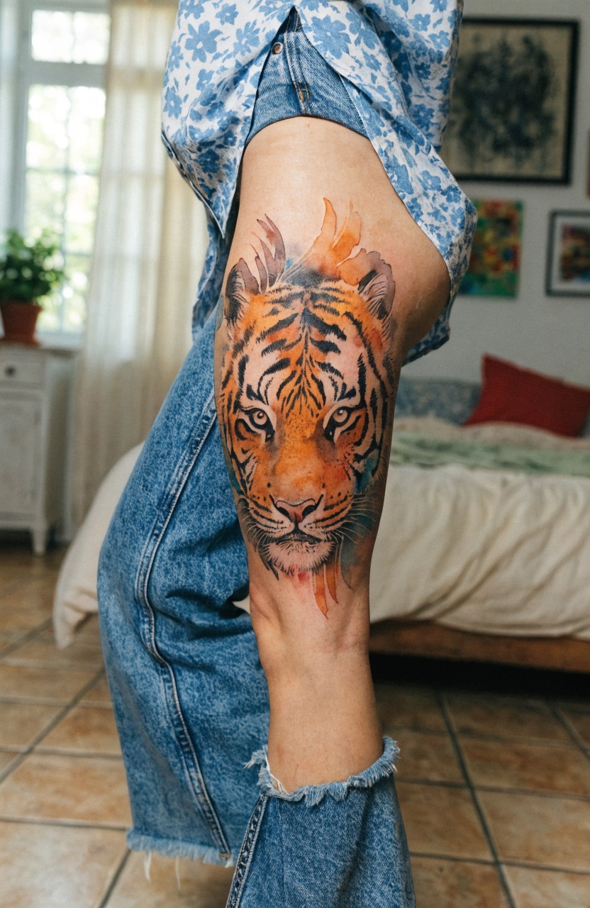 Vibrant watercolor tiger head tattoo on a woman's thigh with orange flame splashes and realistic striped details