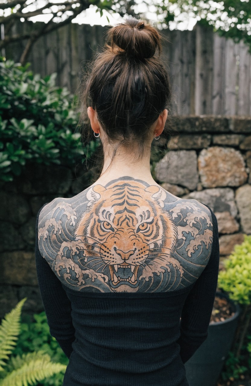 Woman viewed from behind with large Japanese-style tiger head tattoo snarling amid crashing waves on upper back and shoulders, black long-sleeve top, garden setting