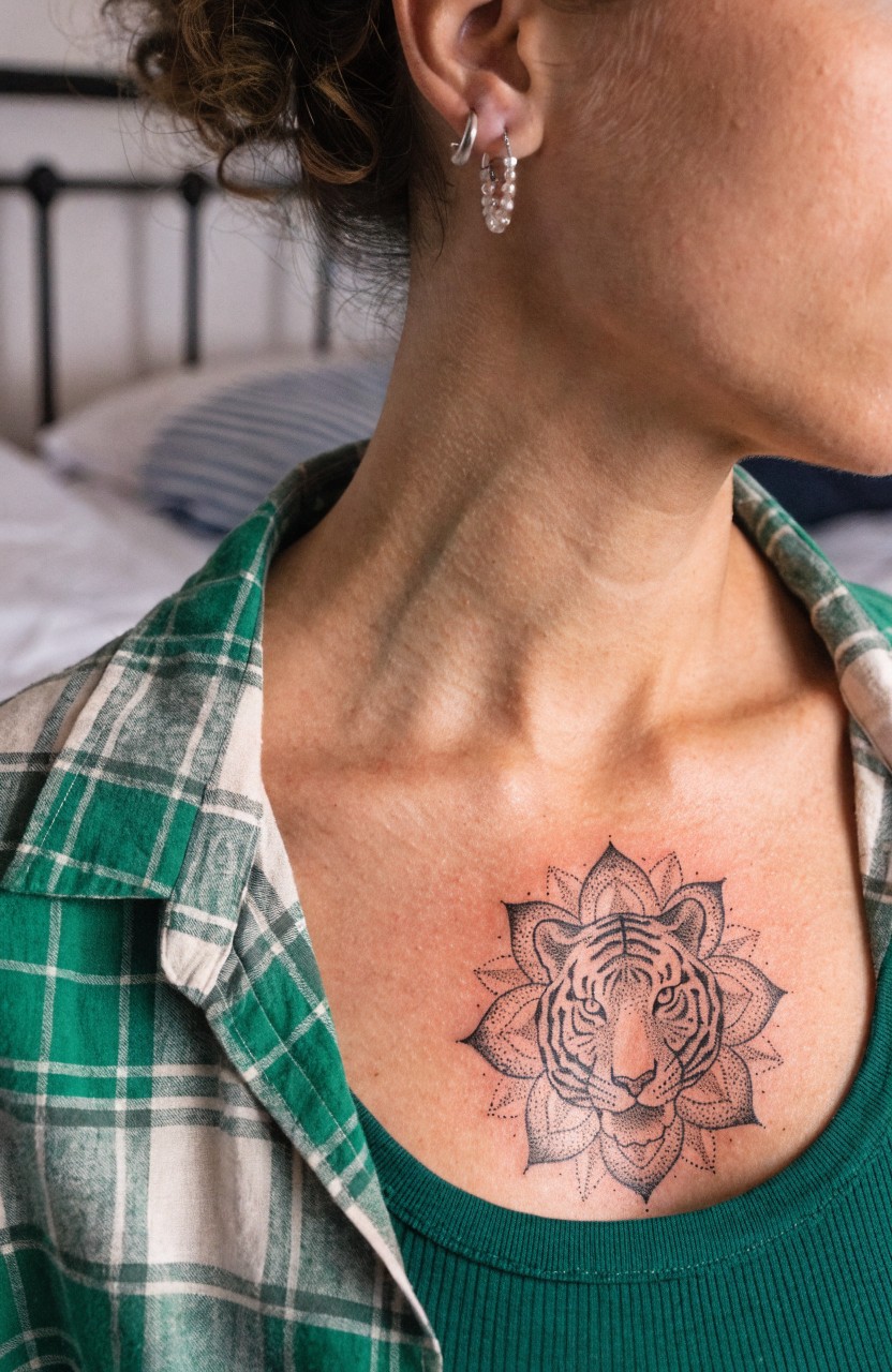 Black ink mandala tattoo with tiger face at center of lotus flower on woman's upper chest