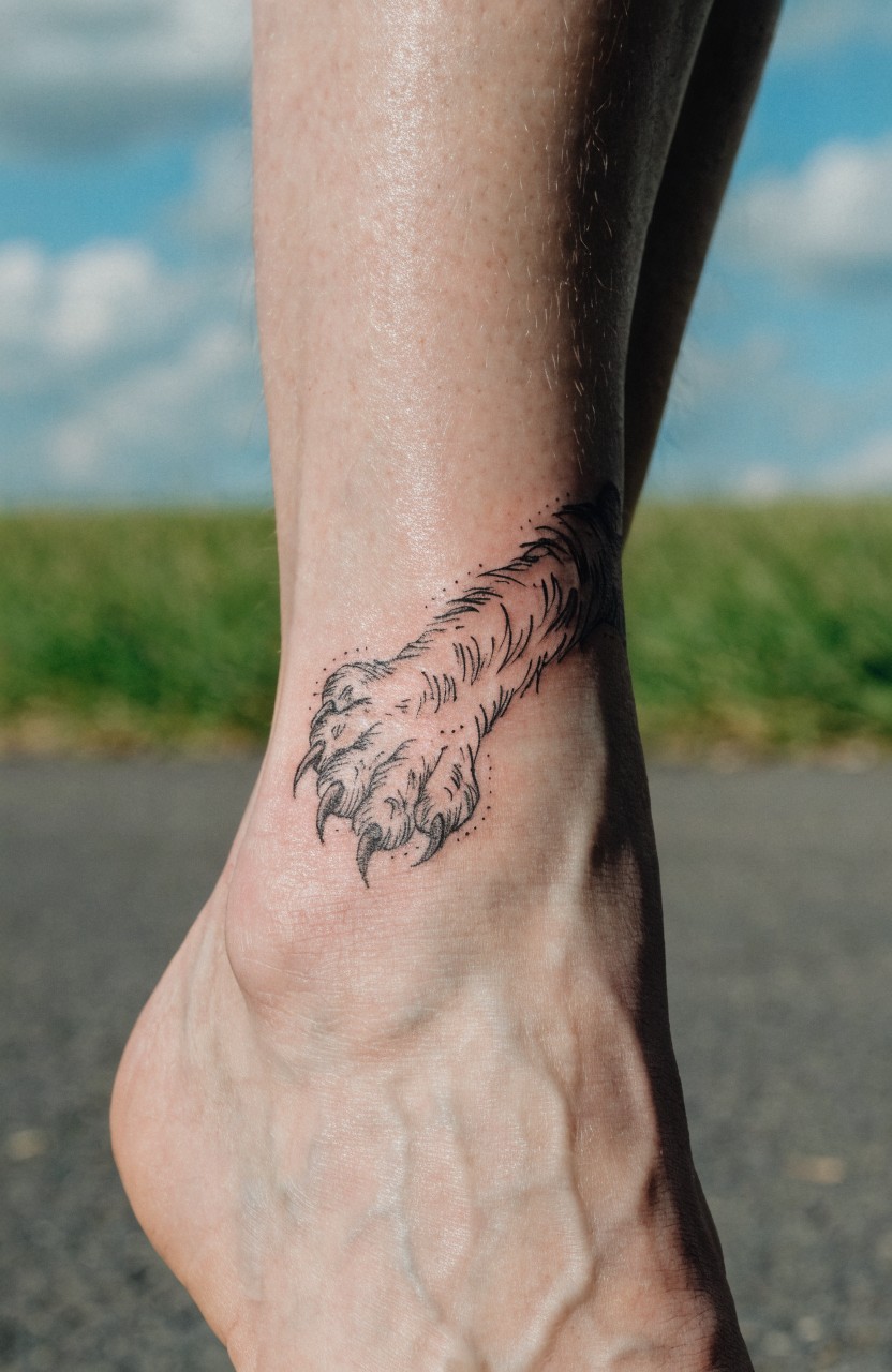 Realistic black ink tiger paw tattoo wrapping a woman's ankle and lower leg outdoors