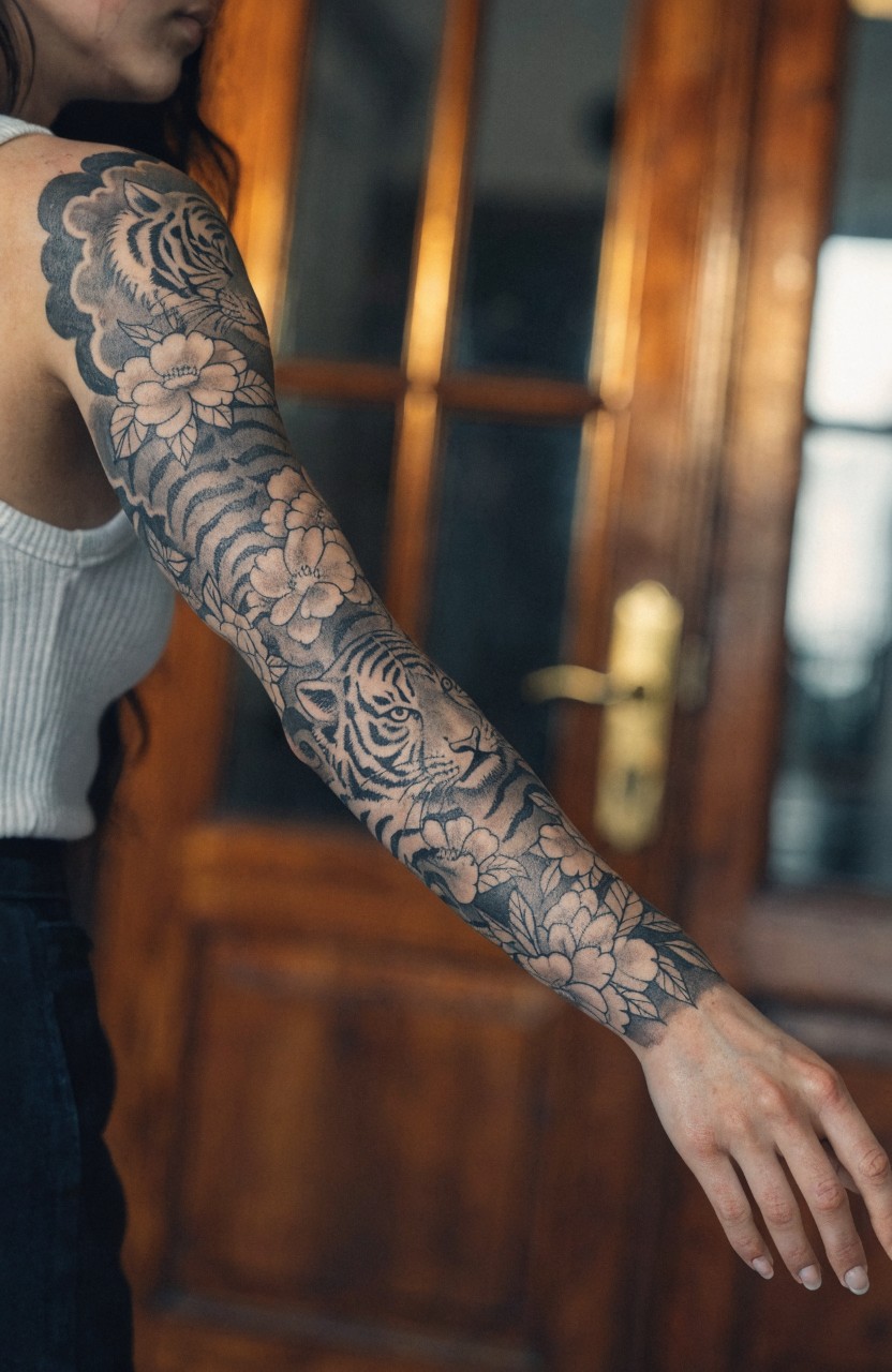 Woman's arm with black and gray full sleeve tattoo of tiger stripes merging into peony flowers, shown from shoulder to hand near wooden doors