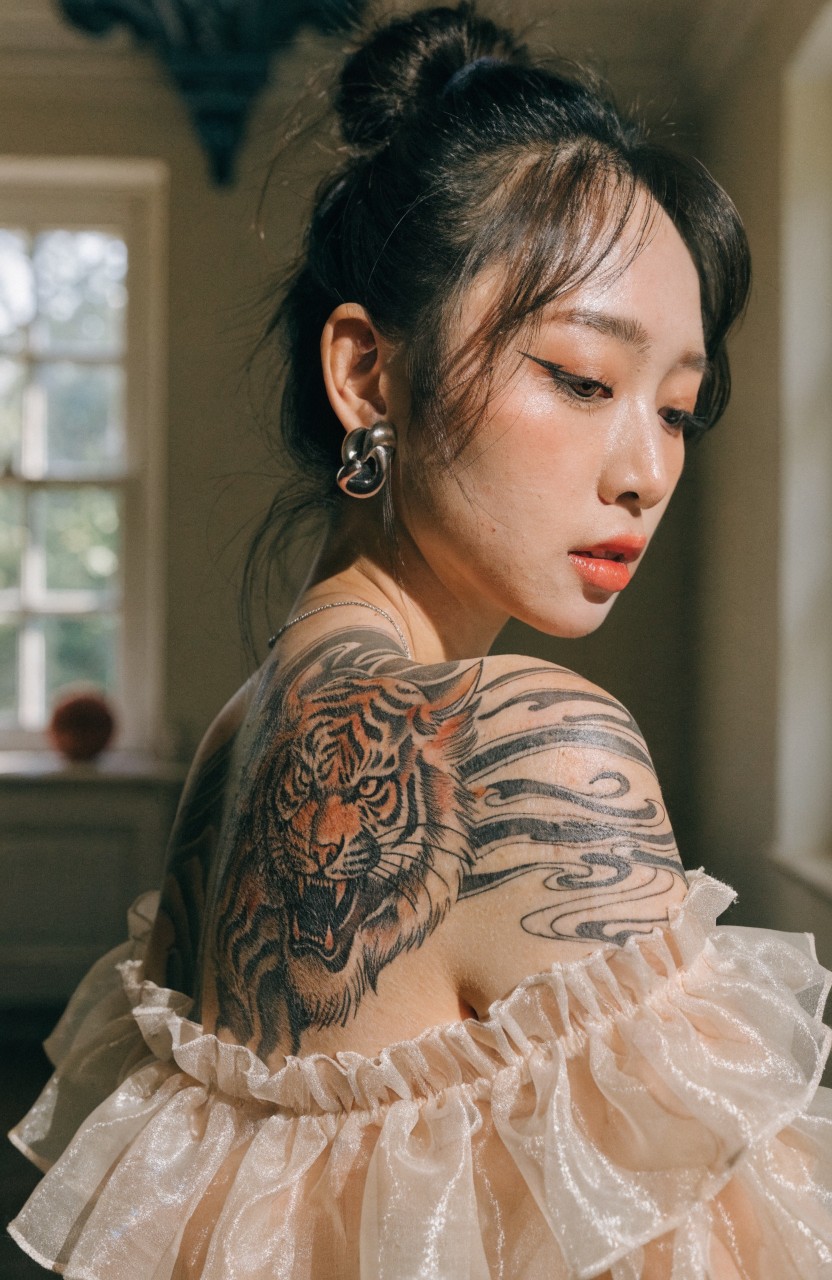 Woman's upper back and shoulder with large snarling tiger tattoo in realistic black shading and wave details