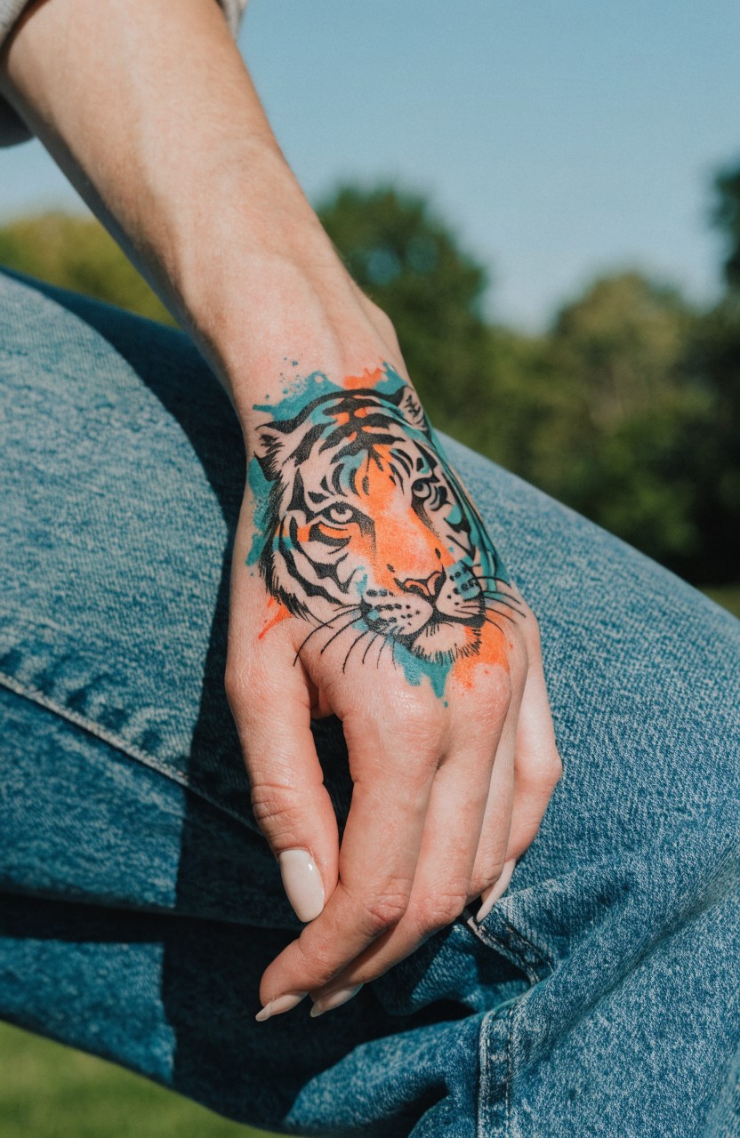 Vibrant watercolor tiger head tattoo covering the back of a woman's hand with orange teal and pink ink splashes