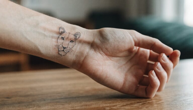 Minimalist line art lion head tattoo on woman's inner wrist resting on wooden table