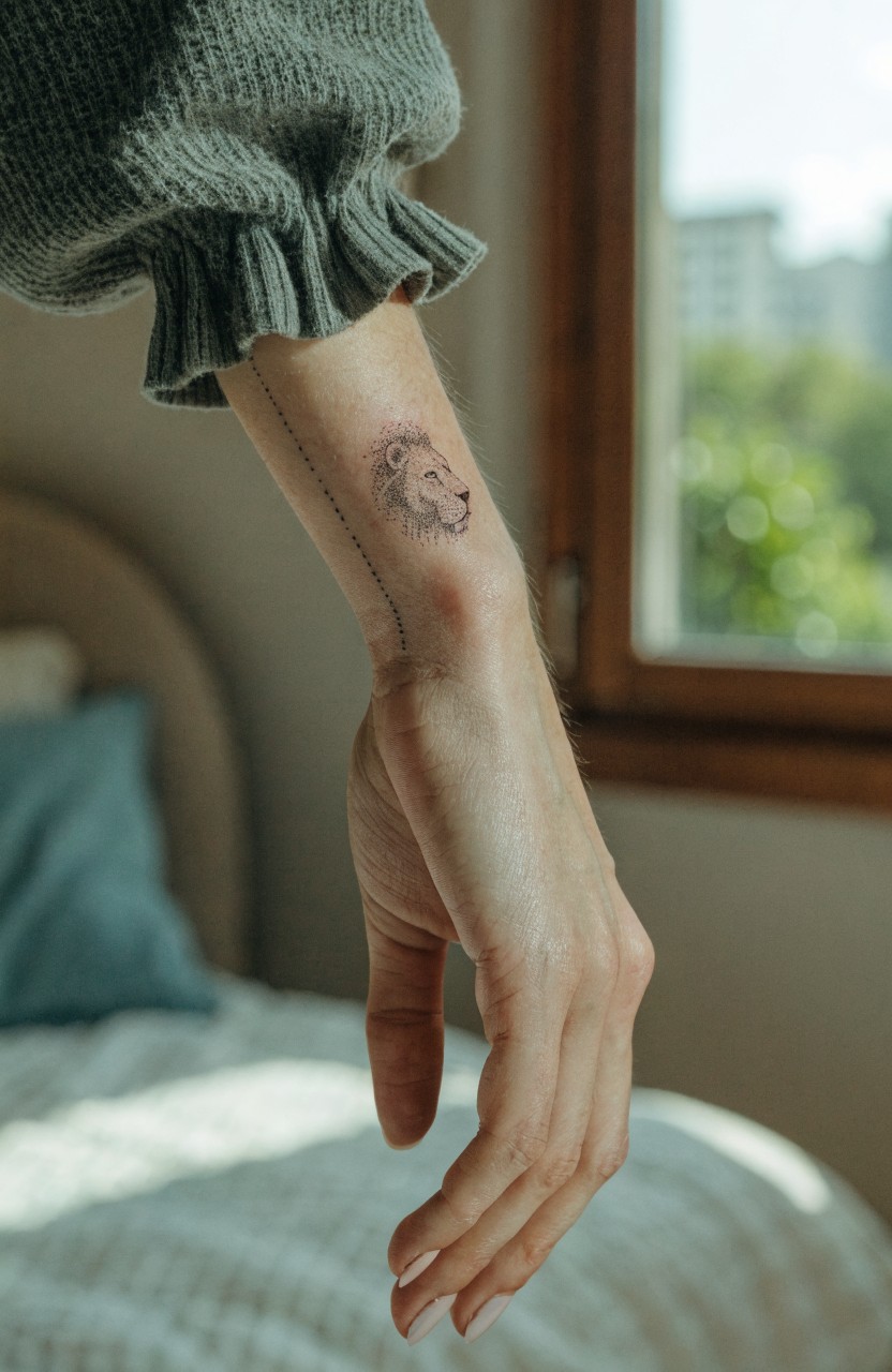 Woman's forearm showing a small fine line lion head tattoo extending from wrist, with soft shading on the mane