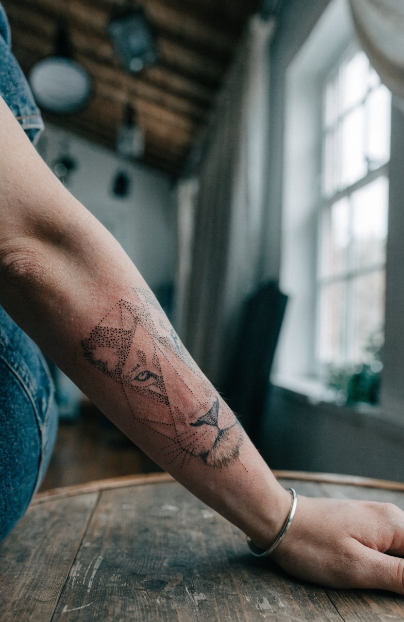 Black geometric lion head tattoo on a woman's forearm using triangular linework and shading for facial features