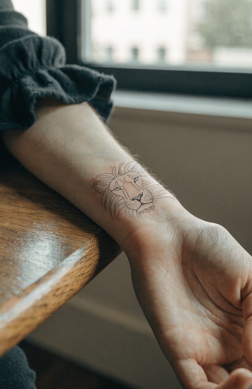 Minimalist line art lion head tattoo on woman's inner wrist resting on wooden table