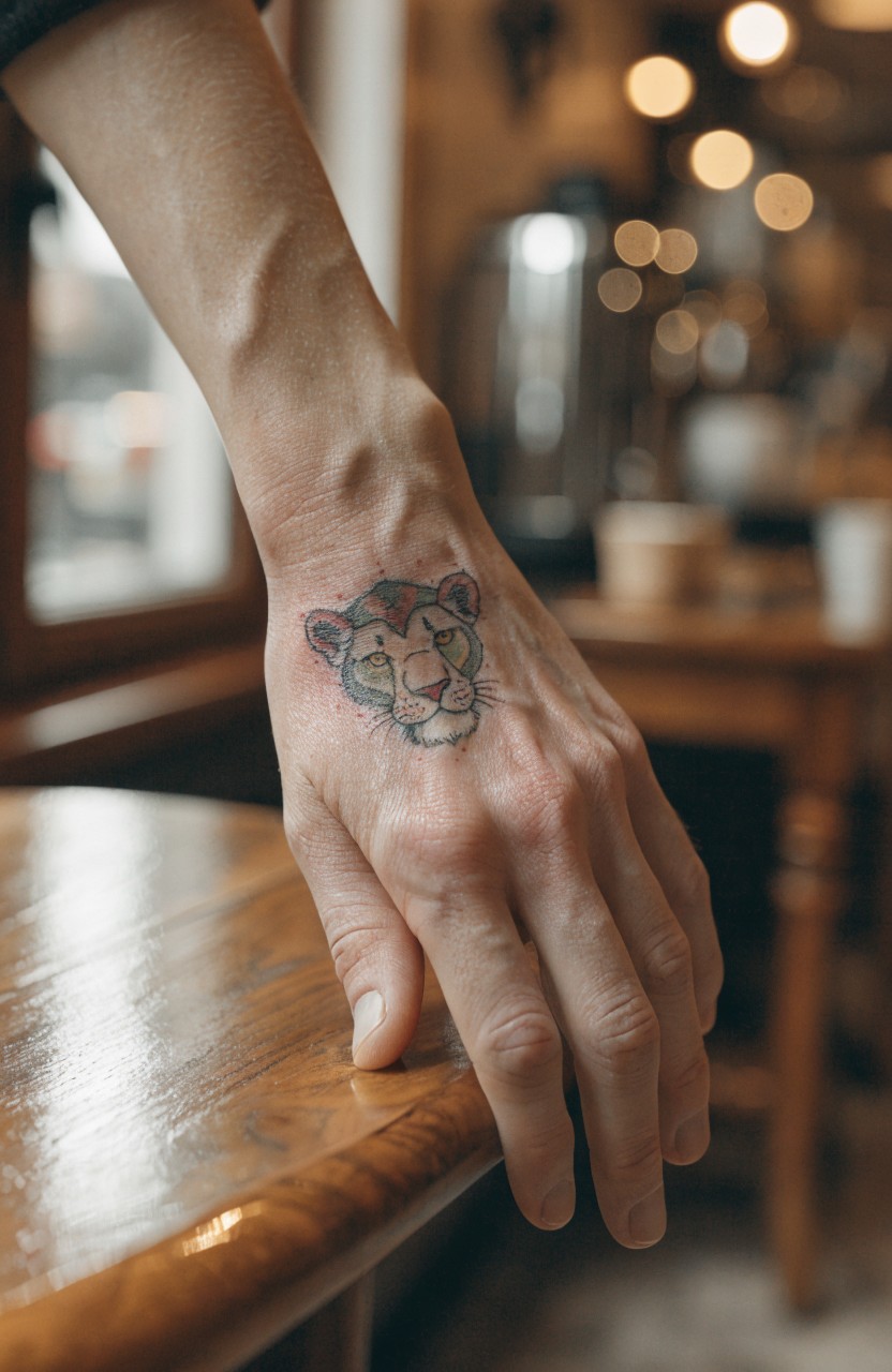 Small gray lion head tattoo with geometric shading on the back of a hand resting on a wooden table