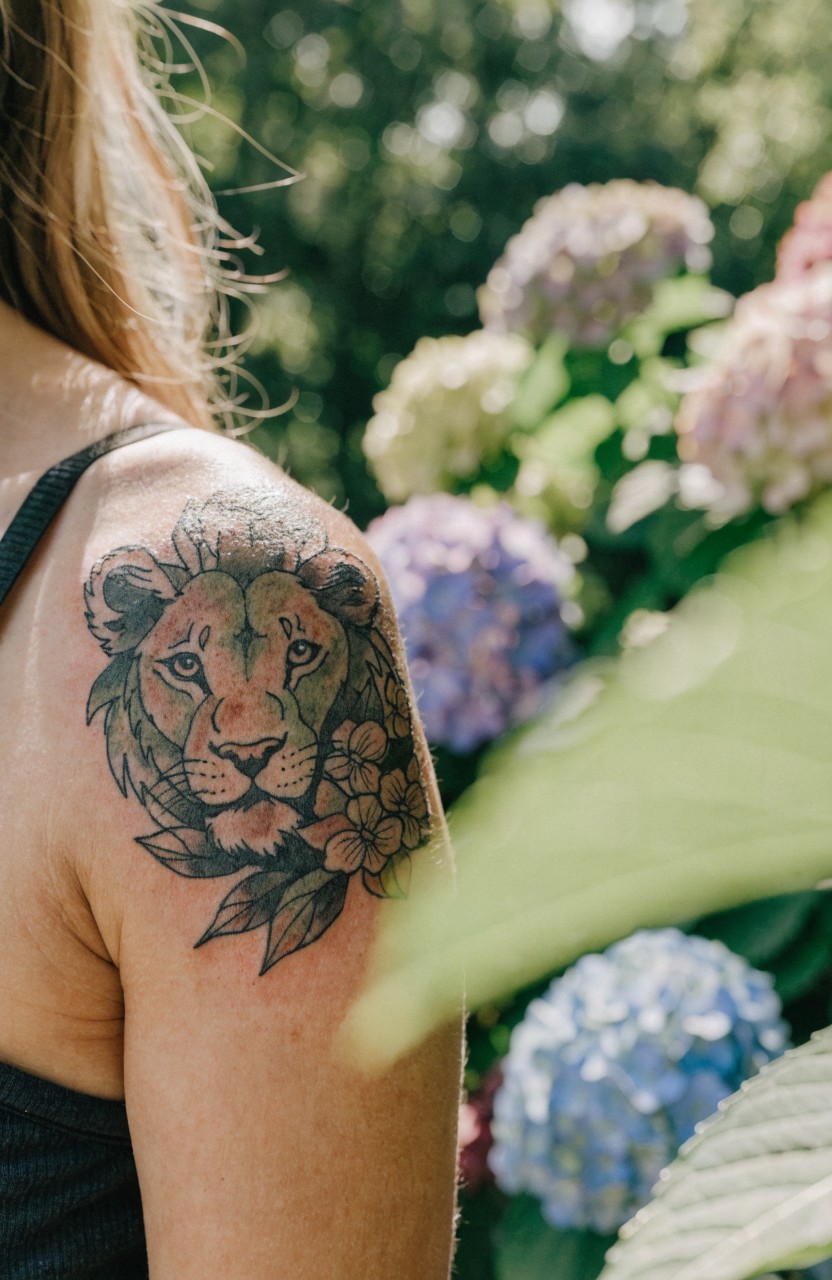 Woman's upper arm and shoulder tattoo of a realistic shaded lion head with integrated floral elements in black ink