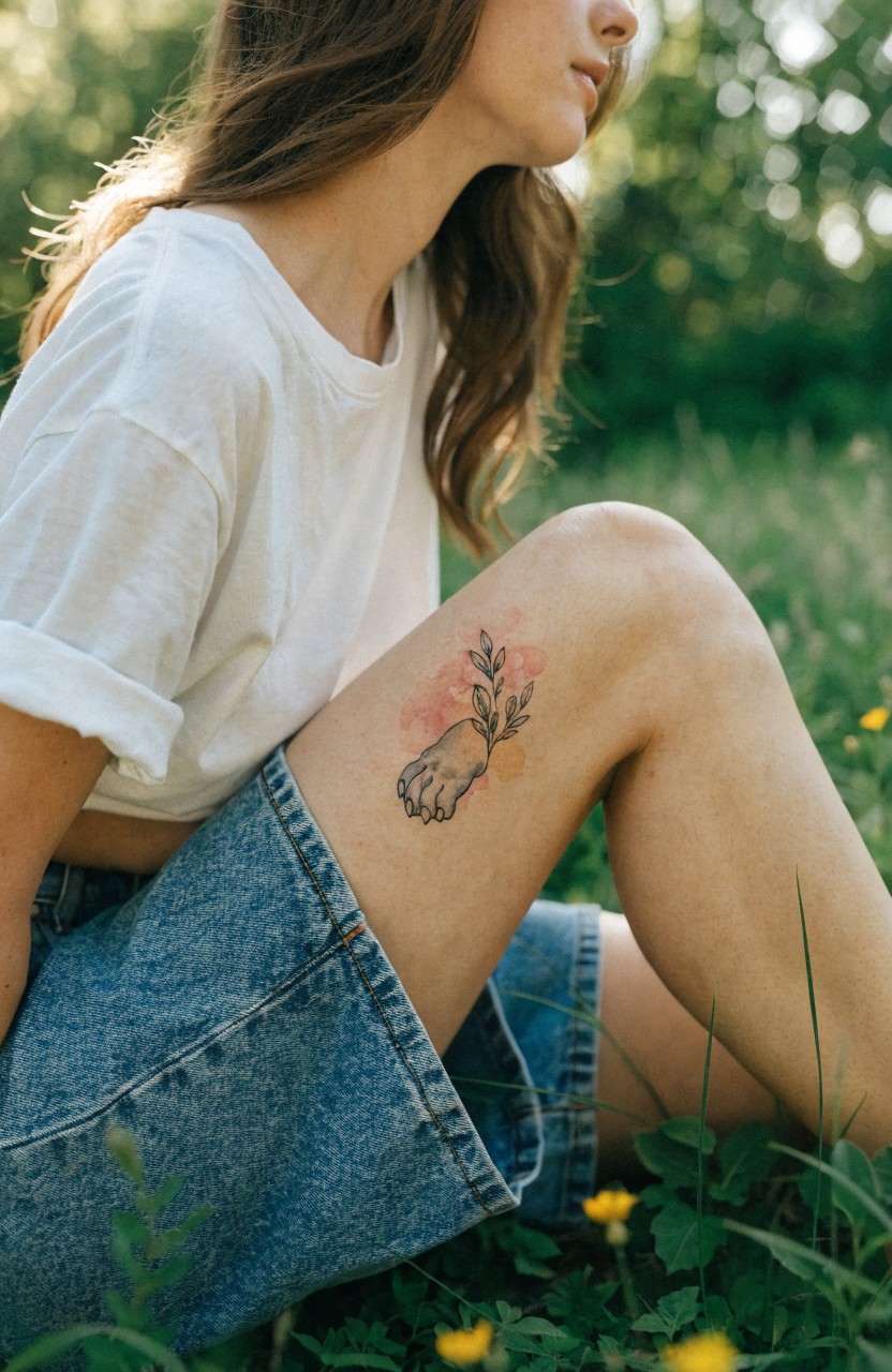 Closeup of a woman's thigh showing a small dainty lion paw tattoo with pink branches and leaves growing from it, set against green grass outdoors