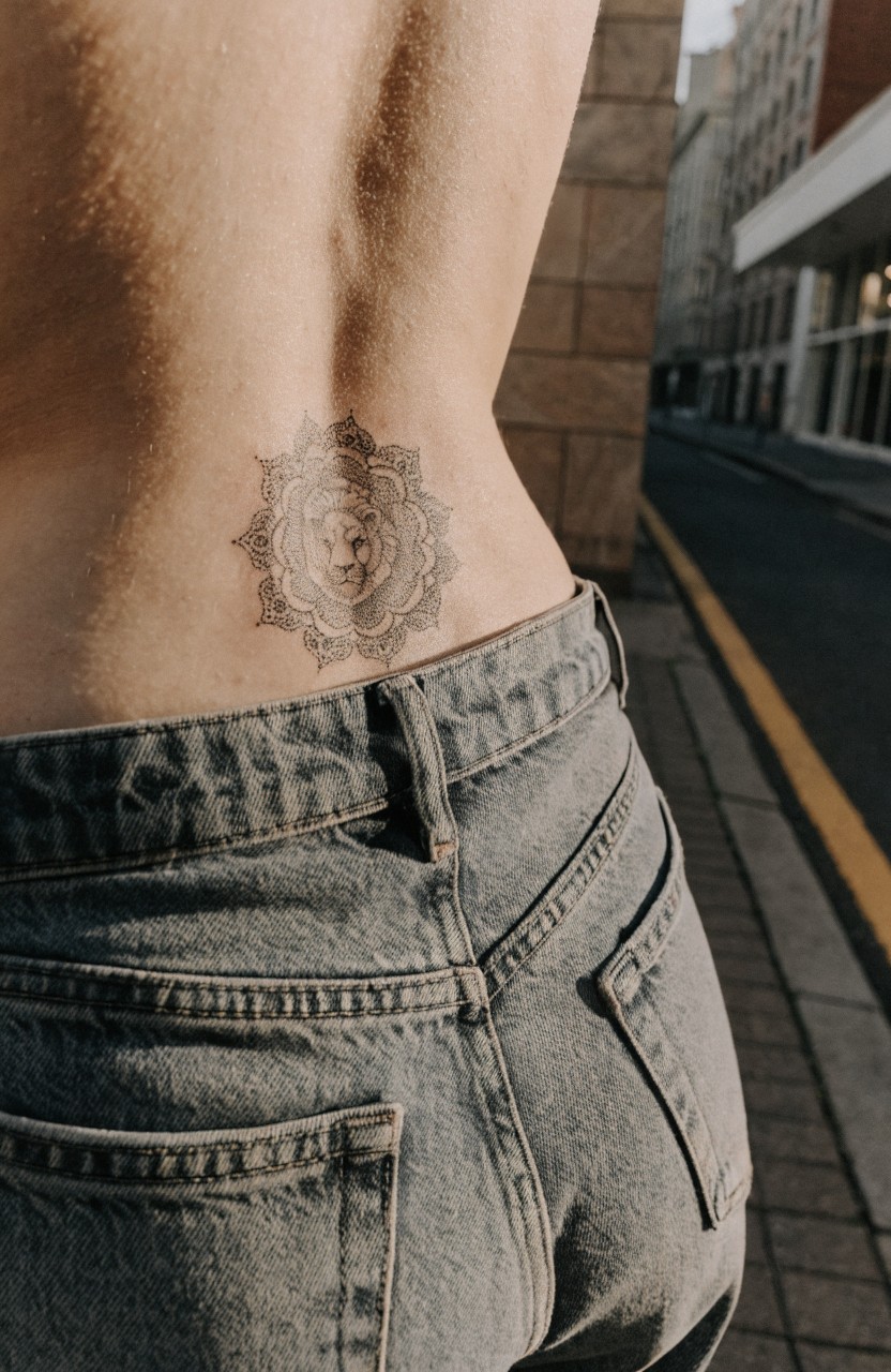 Black linework mandala tattoo with central lion-like face on lower back above jeans waistband