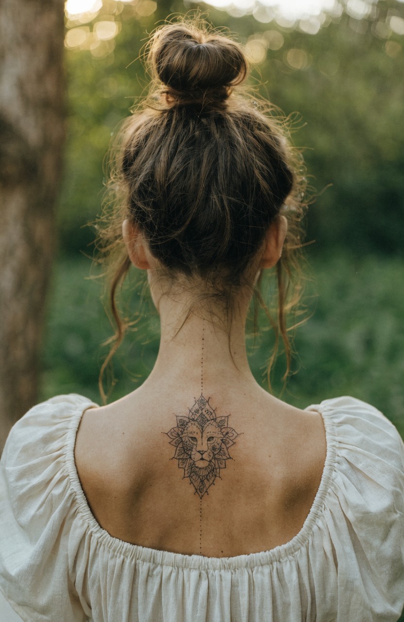 Dainty black linework mandala with lion face tattoo centered on a woman's upper back, viewed from behind