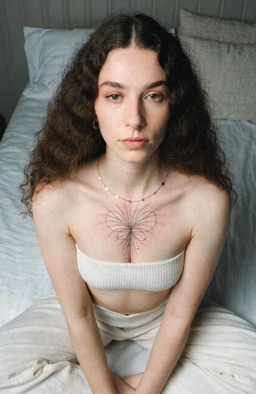 Woman with curly brown hair and neutral expression sits on a bed in white bralette and pants, showing black geometric linework butterfly tattoo spanning her upper chest