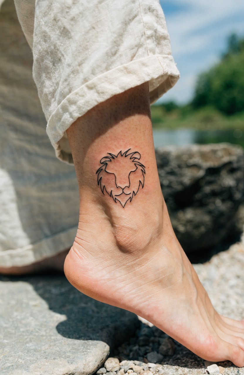 Minimalist black line art lion head tattoo on a woman's outer ankle, shown outdoors near water with beige pants rolled up