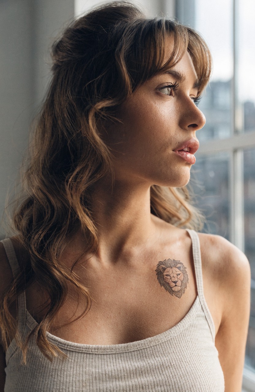 Closeup of a woman in a white tank top with a small shaded lion head tattoo on her collarbone, profile view facing her shoulder, natural light from window