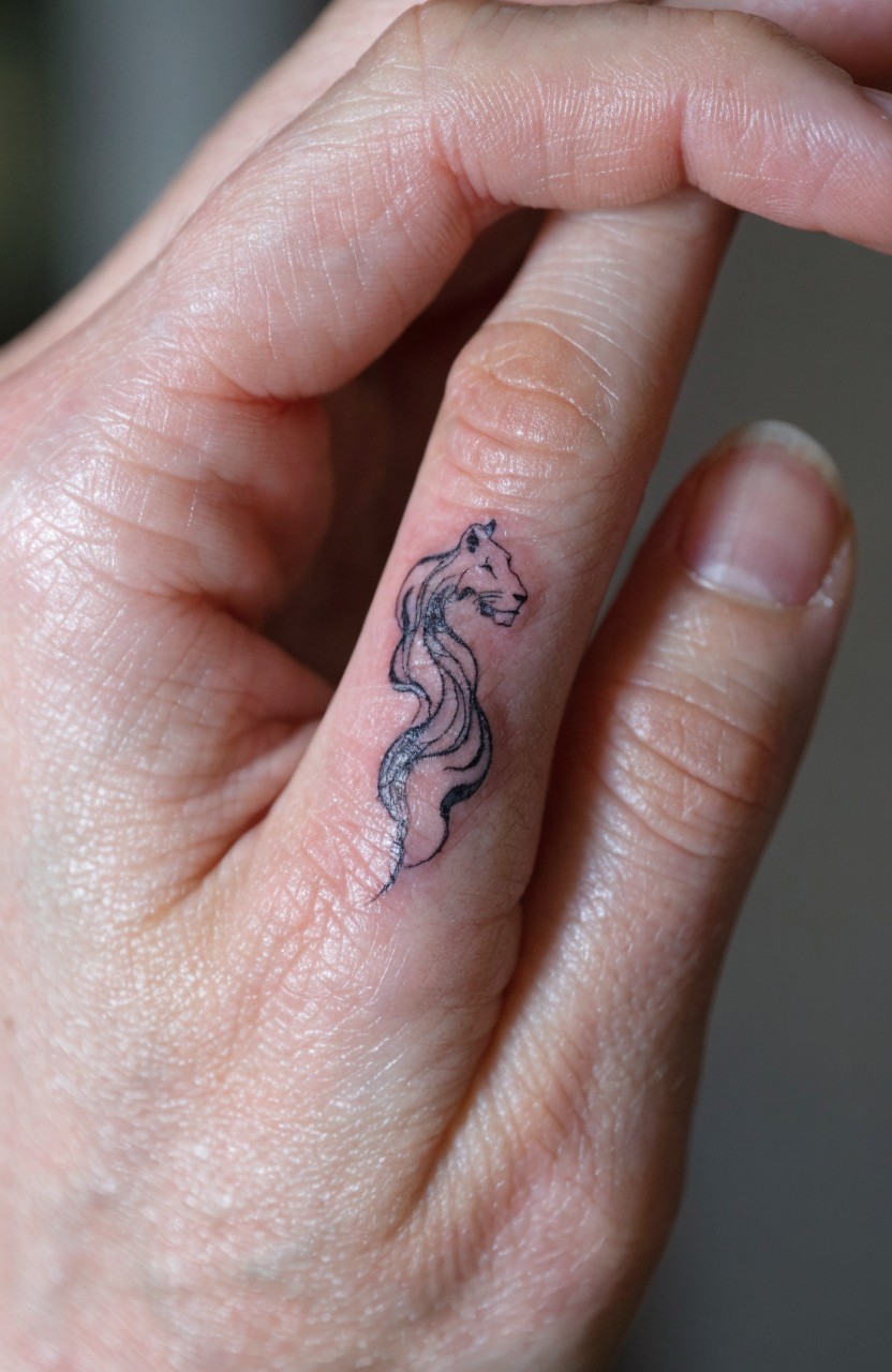 Dainty linework lion head tattoo with flowing mane on the side of a woman's finger