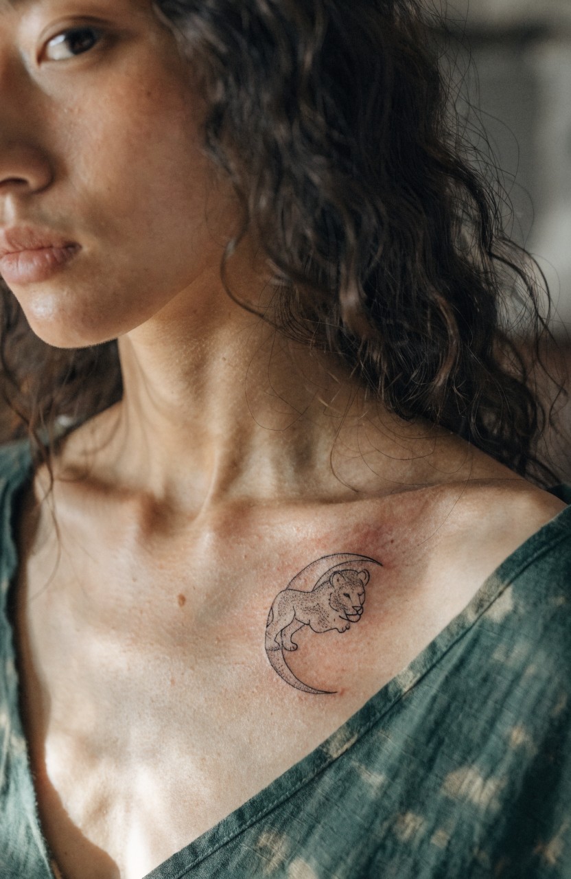 Woman's collarbone with small black linework tattoo of lion head inside crescent moon, green dress strap nearby