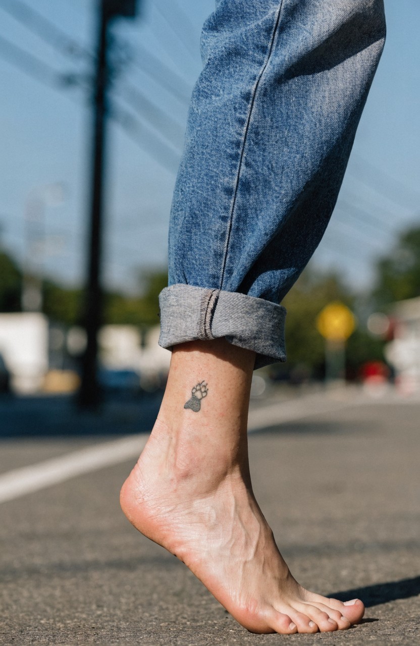 Small shaded lion paw print tattoo on the side of a woman's ankle, foot lifted barefoot on a street