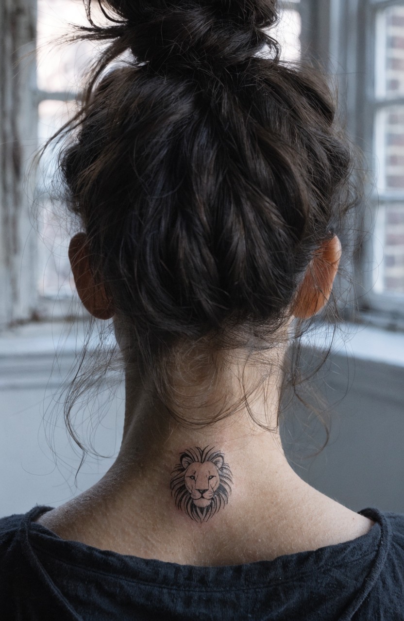 Woman's nape with small fine line lion head tattoo in black ink