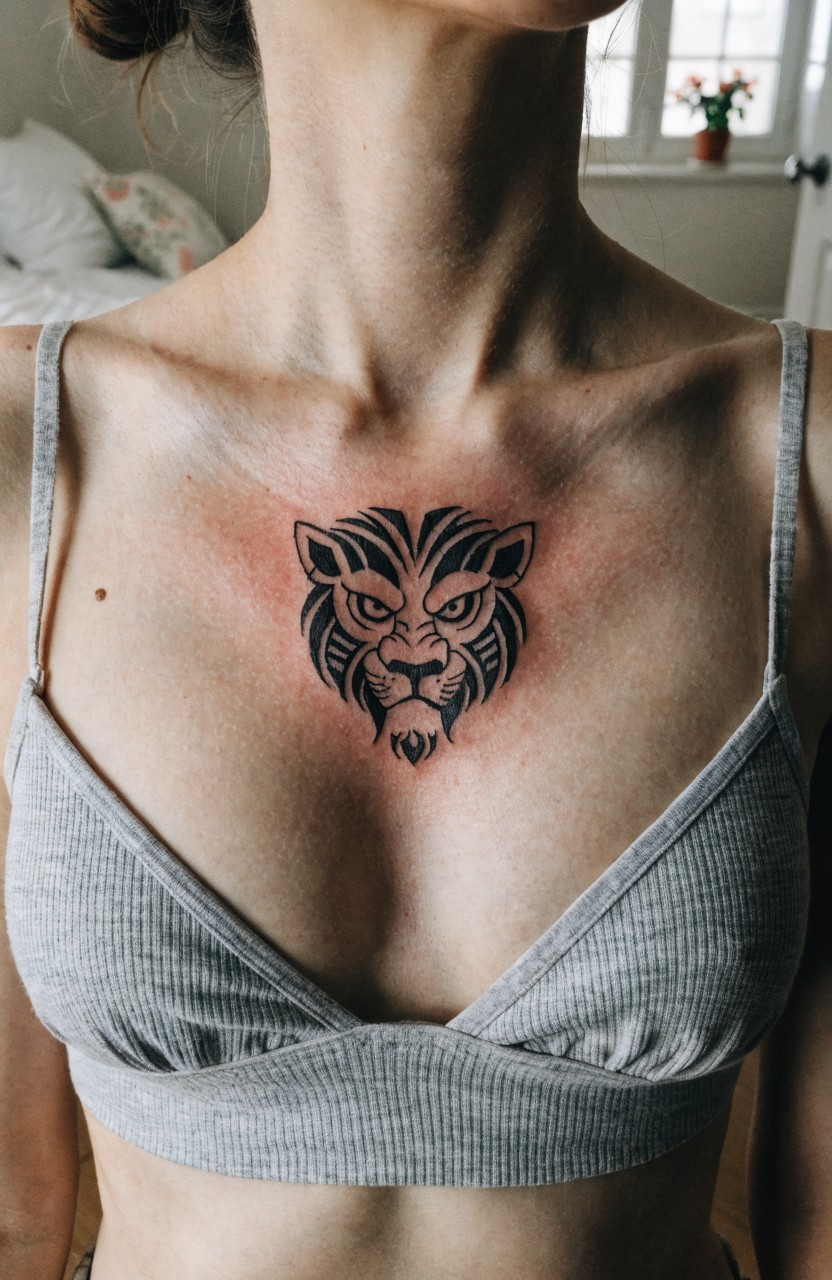 Black ink tribal lion head tattoo centered on chest between collarbones