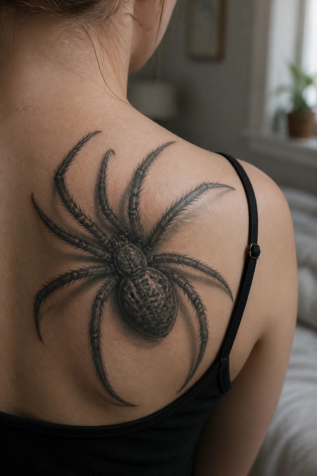 Large realistic spider tattoo on upper back near black tank top strap