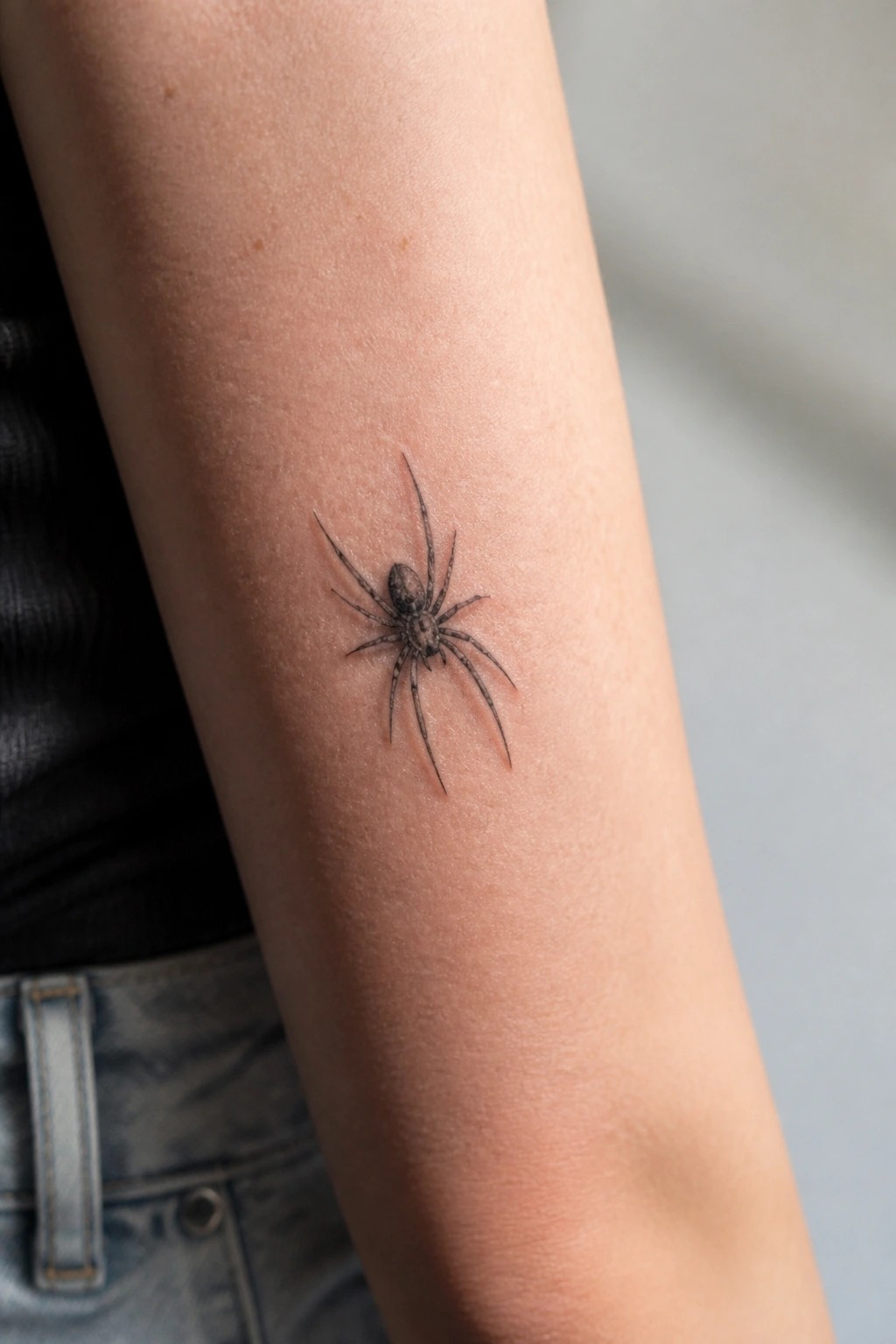 A small realistic spider tattoo in black and gray on the inner forearm