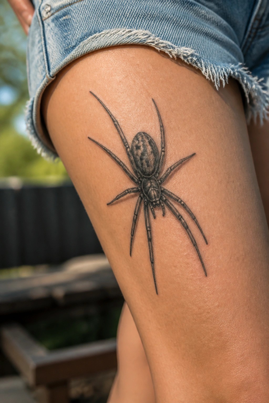 Realistic black and grey spider tattoo on the upper thigh with detailed shading and extended legs.