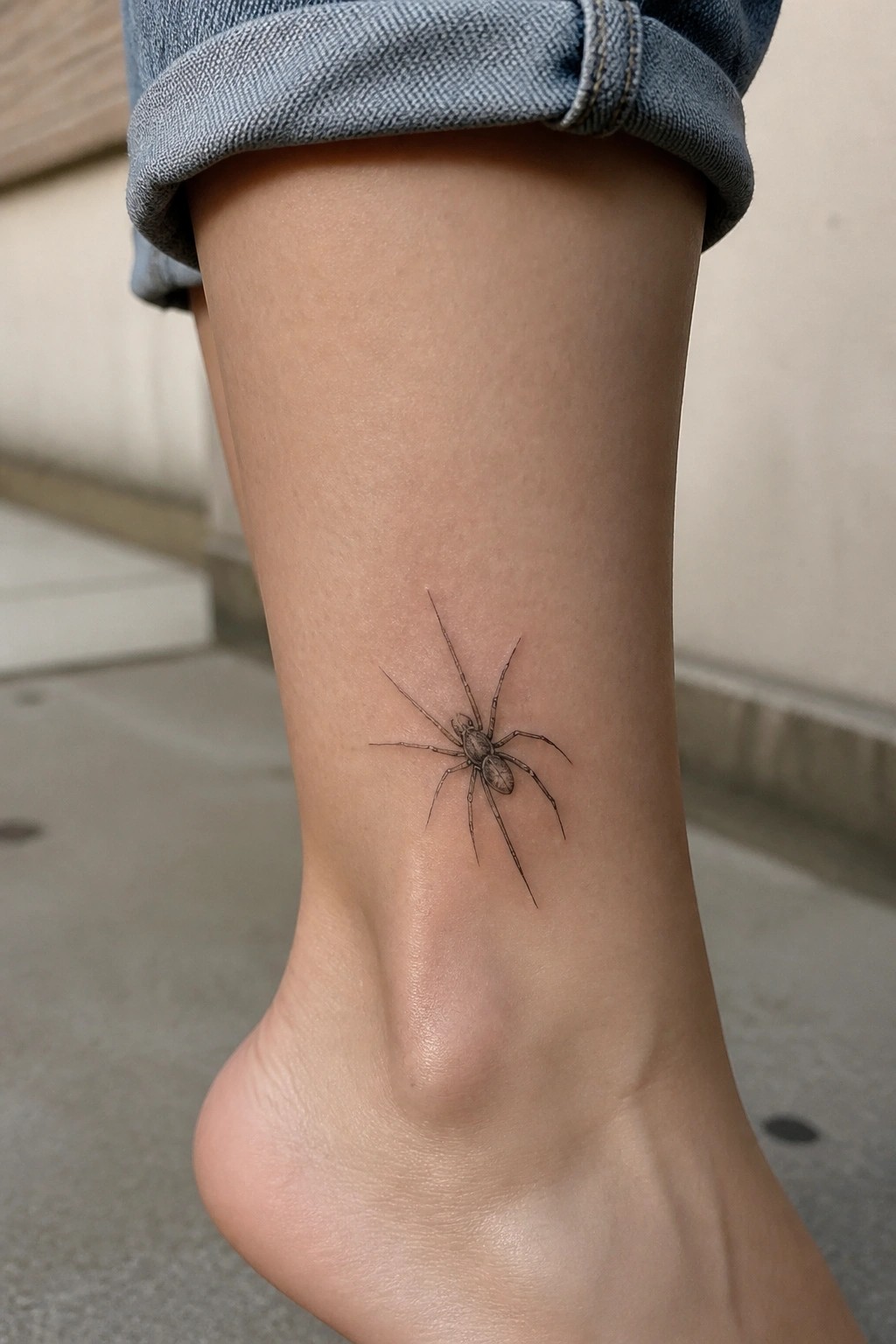 Detailed spider tattoo on ankle below rolled-up blue denim jeans cuff