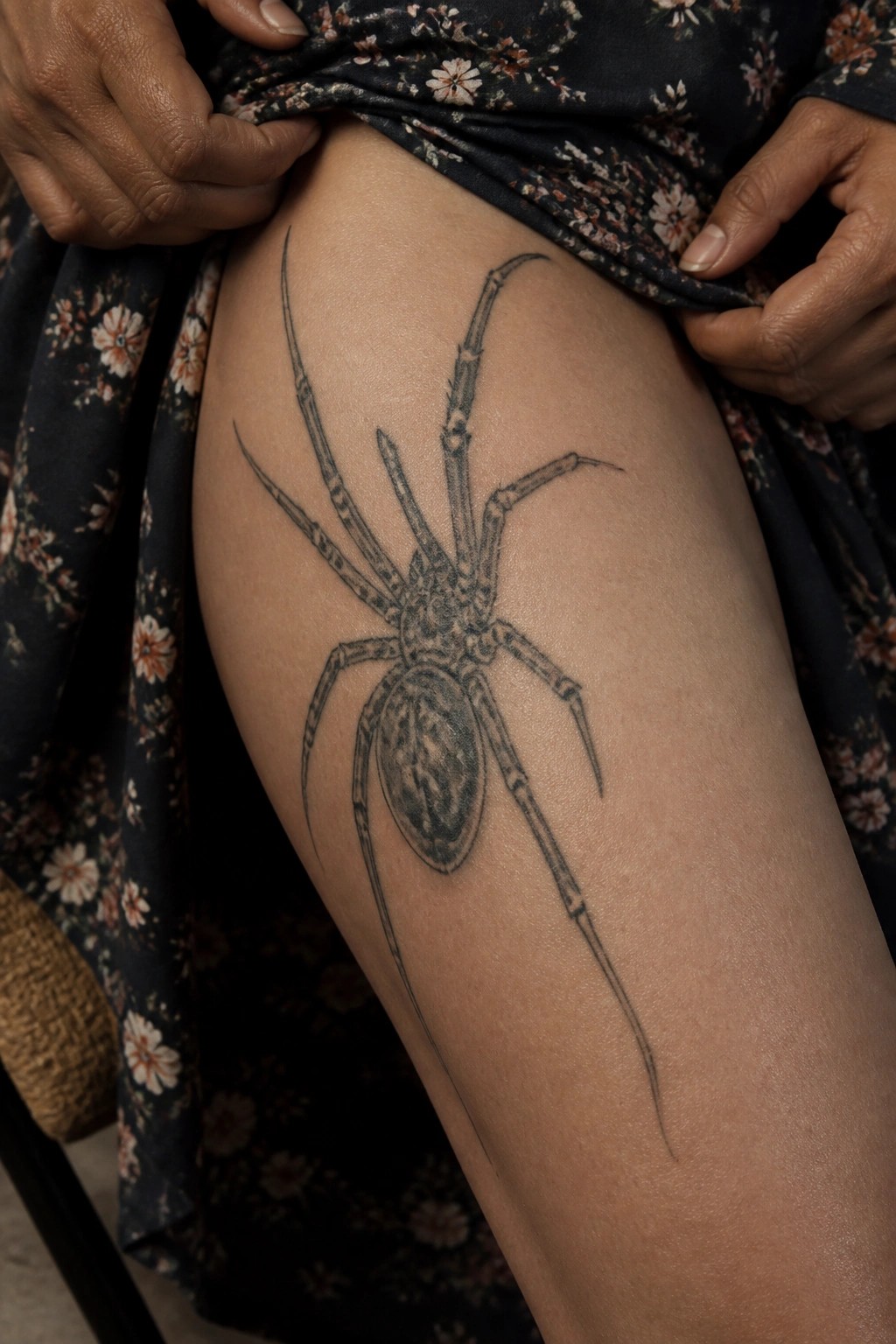 Black spider tattoo on thigh beneath lifted dark floral dress fabric