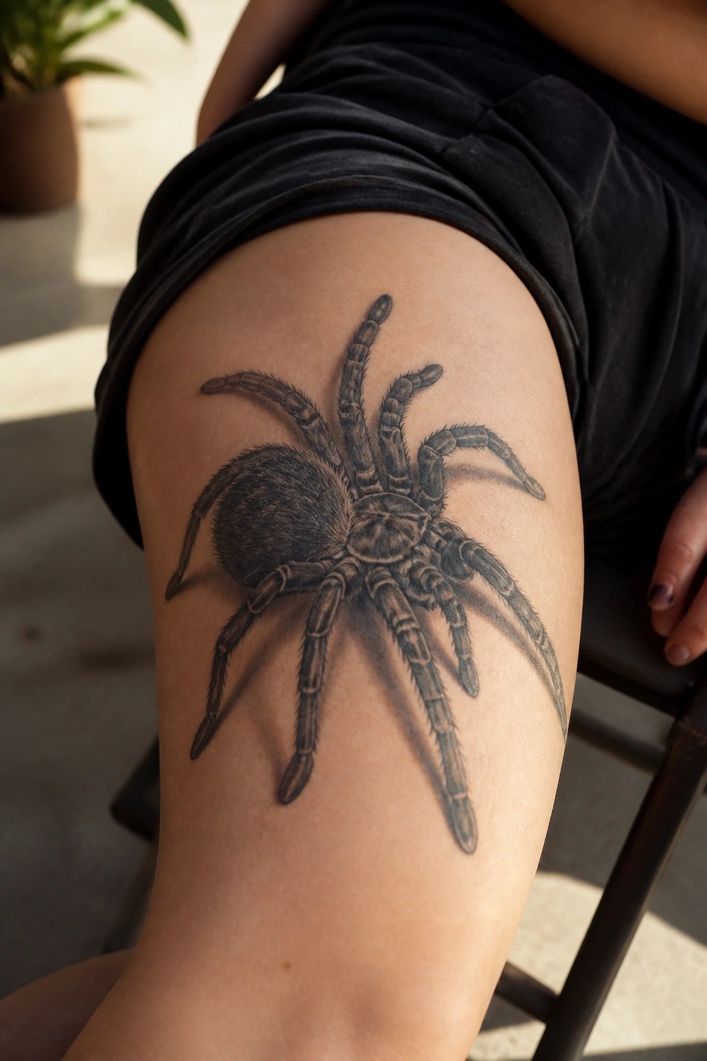 Detailed black tarantula tattoo on thigh of person in dark shorts