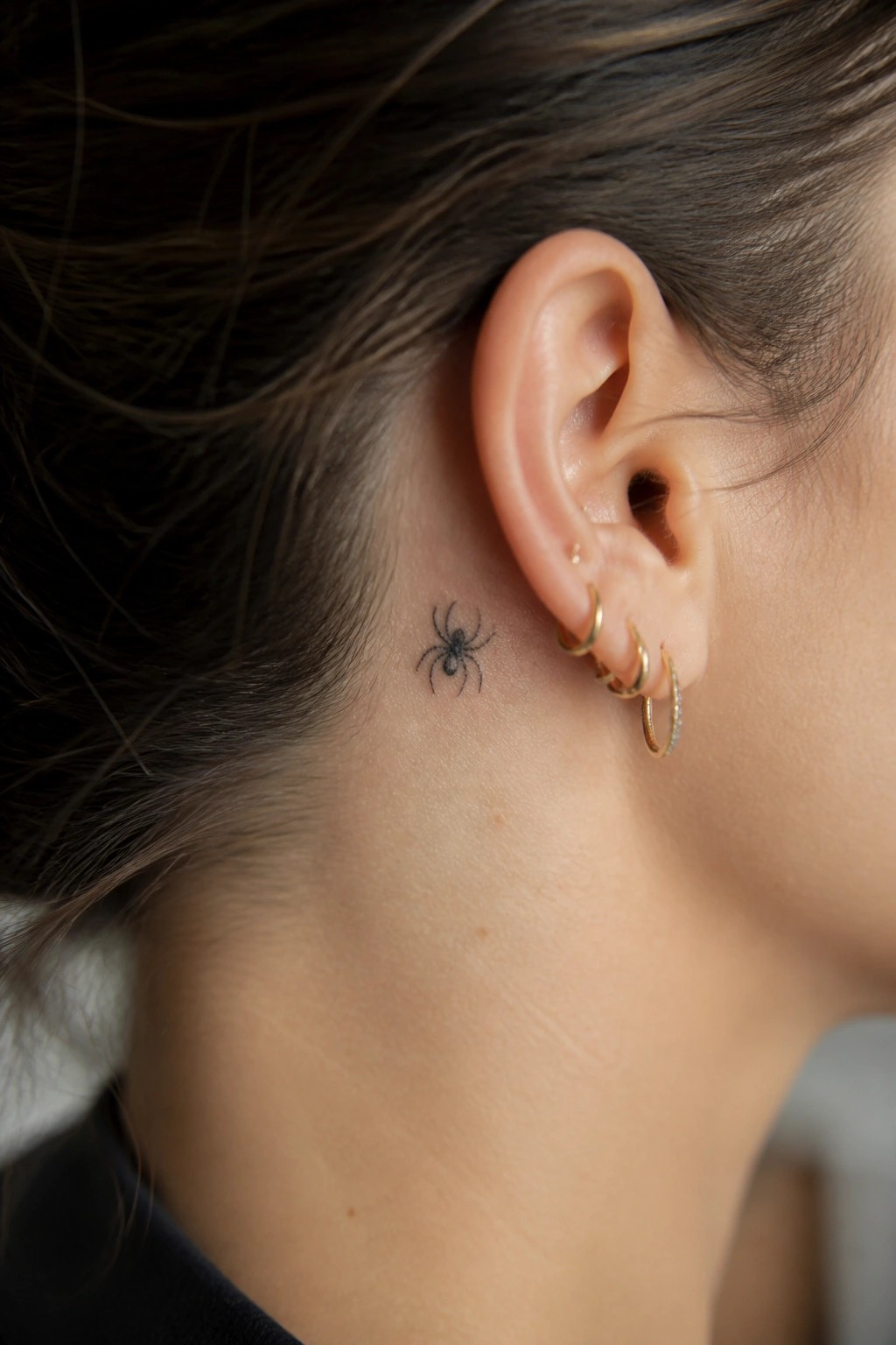 Close up of a small black spider tattoo placed behind a woman's ear on the side of the neck.