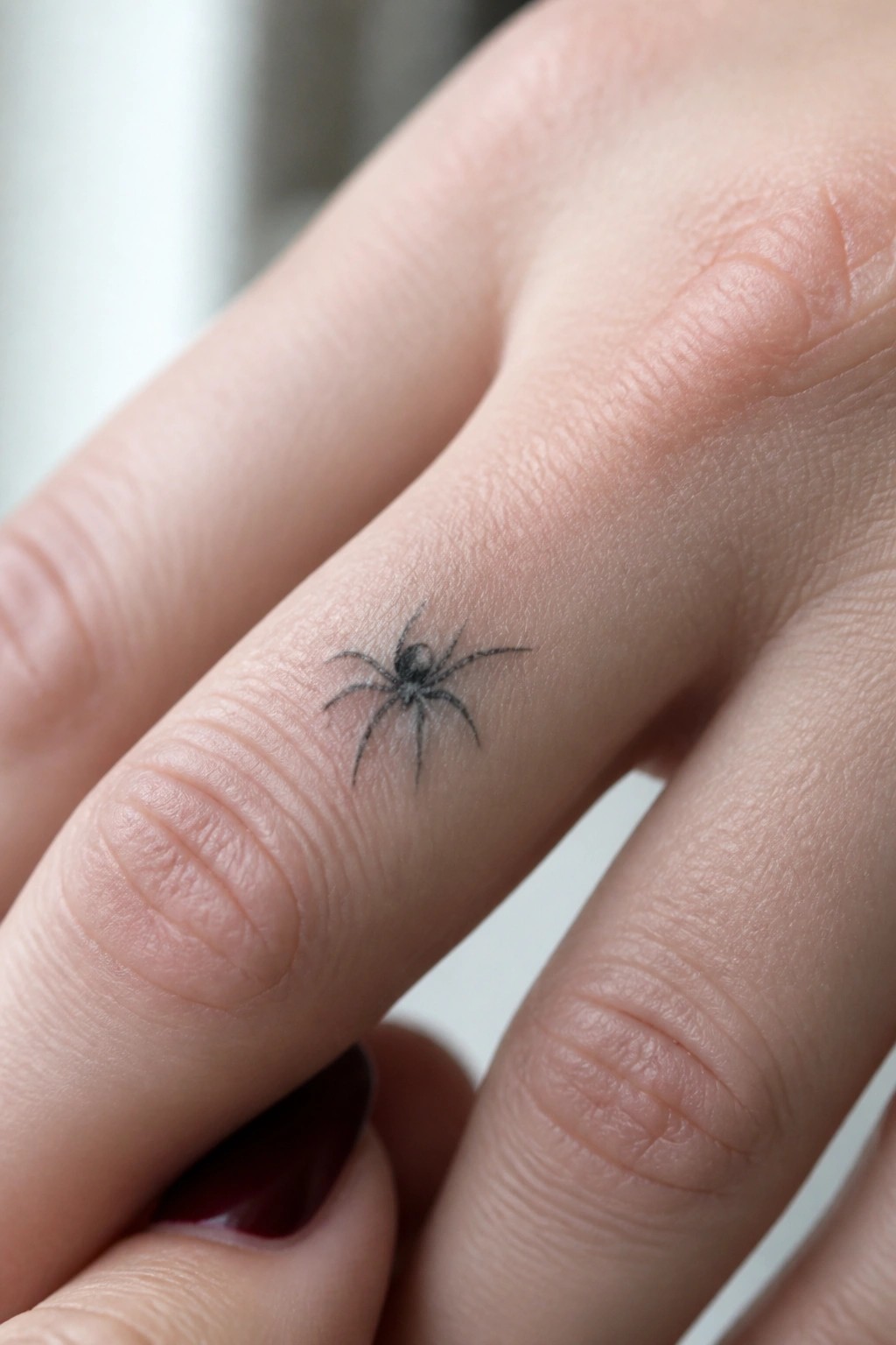 Small realistic black spider tattoo on the side of a finger with shaded legs and body