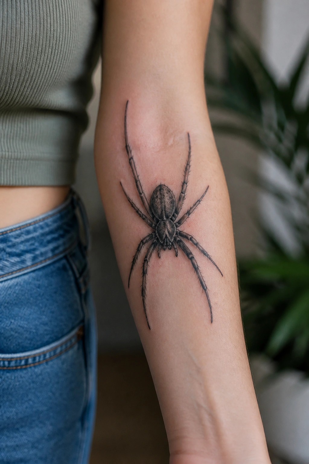 Realistic black spider tattoo on forearm, green ribbed top and blue jeans.