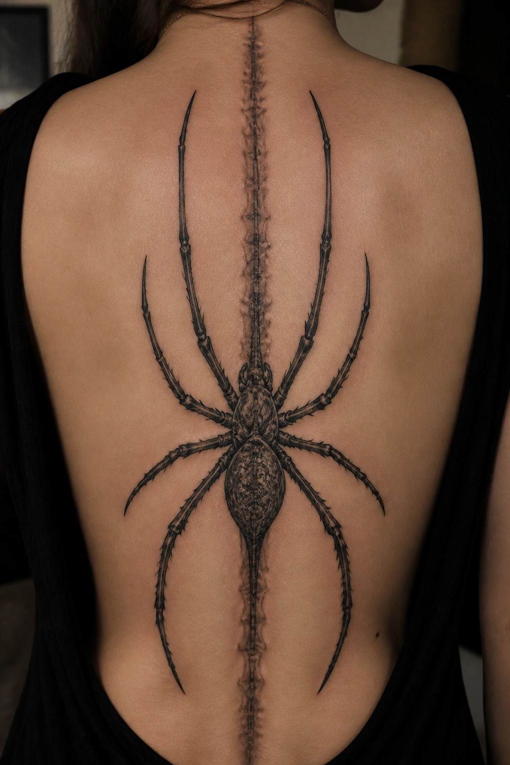 Realistic black and grey spider tattoo on a woman's back with the body aligned to the spine and legs extending outward.