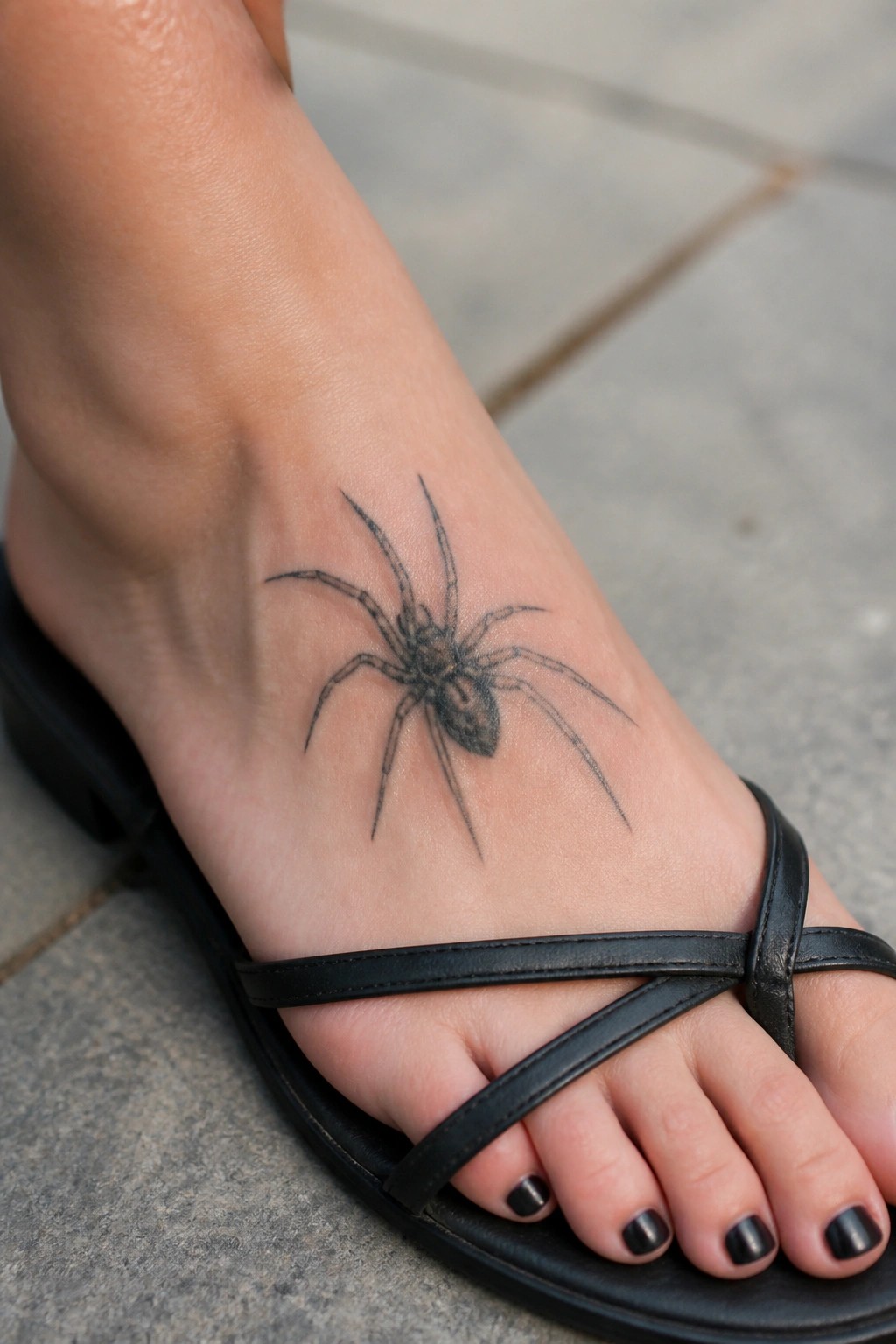 Spider tattoo on foot in black strappy sandal with black toenails on pavement