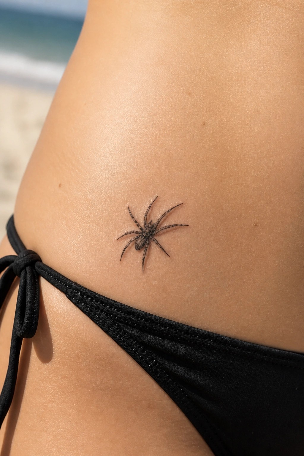 Spider tattoo on hip above black string bikini on beach