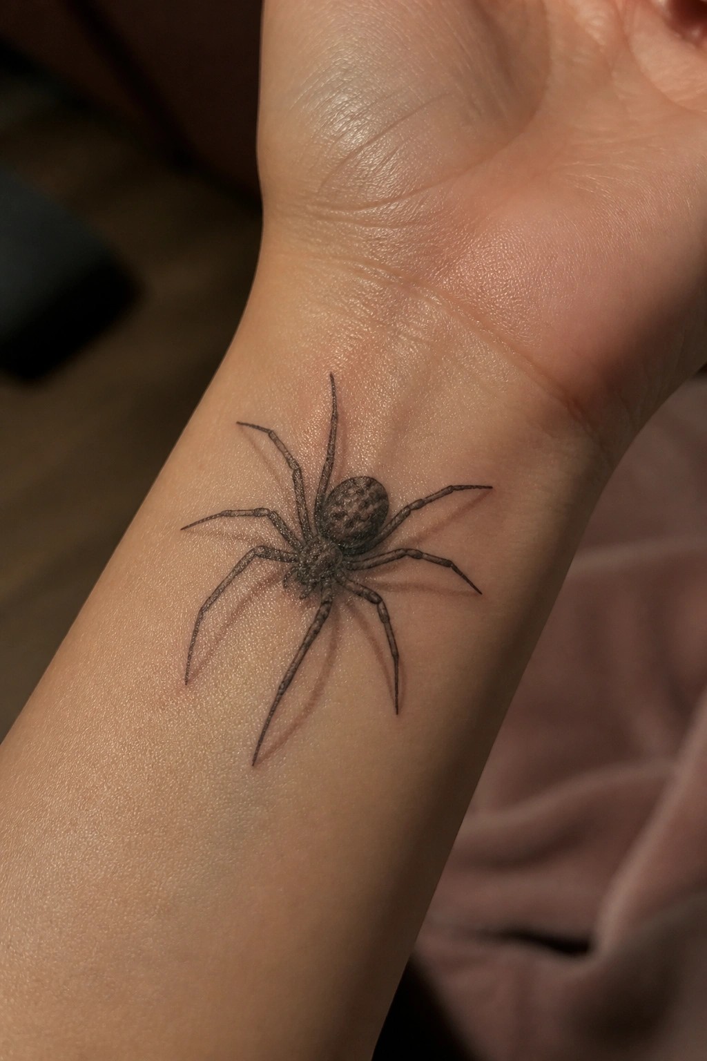 Black spider tattoo with long legs on inner wrist of hand