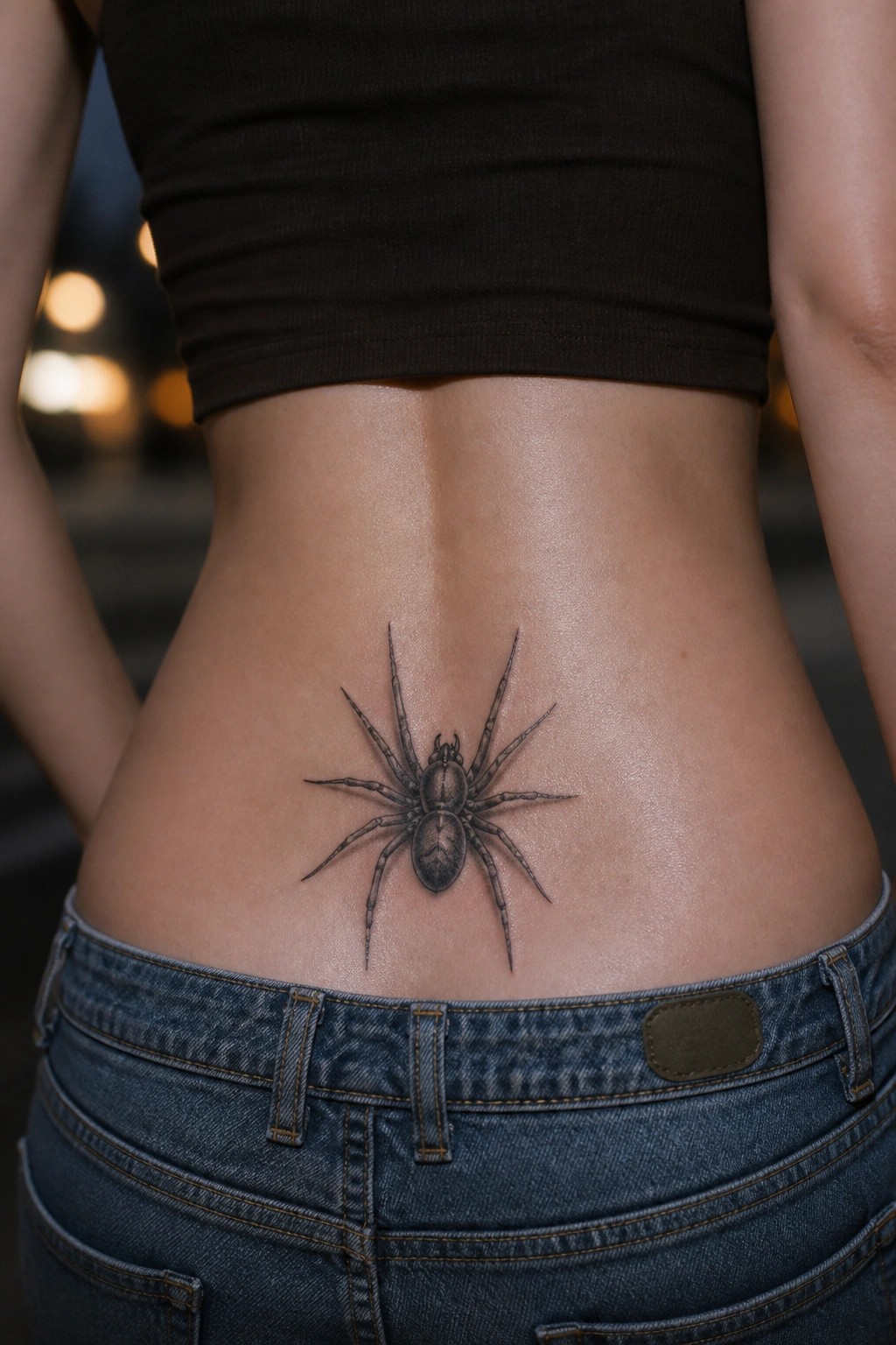 Realistic black and gray spider tattoo centered on a woman's lower back just above the waistband of jeans.