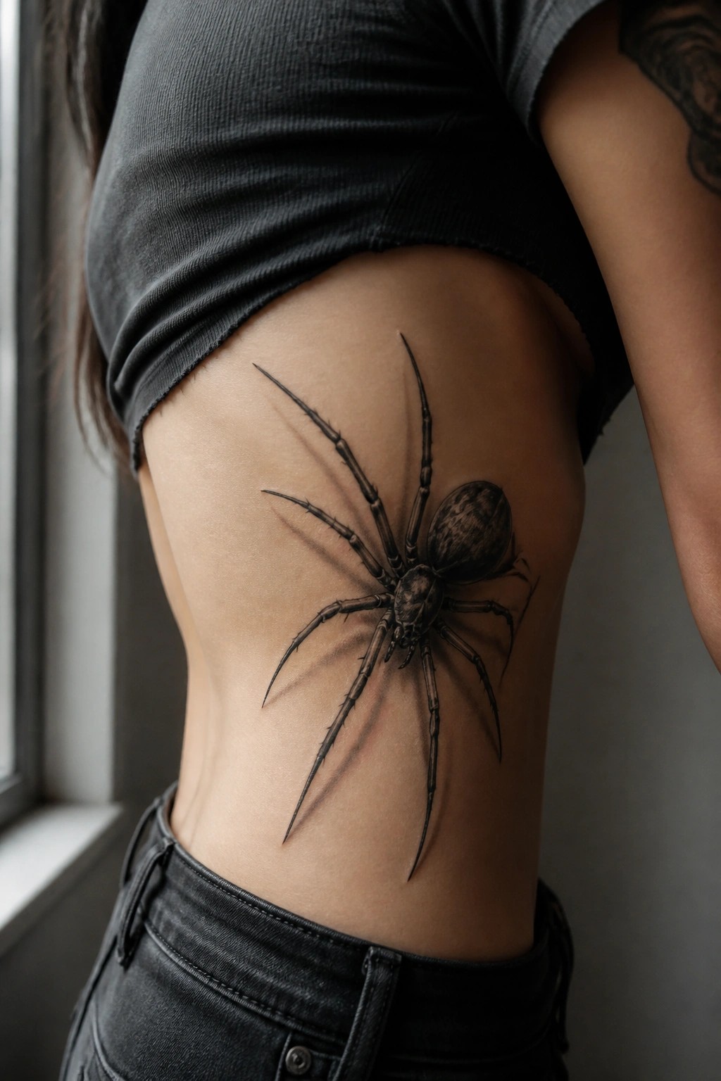Realistic black spider tattoo on person's side under dark t-shirt and jeans