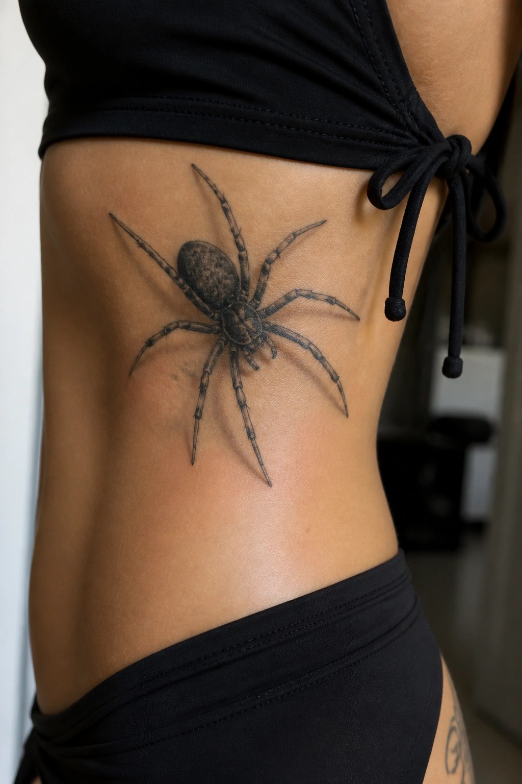 Realistic black and grey spider tattoo on the side of a woman's torso below the ribs