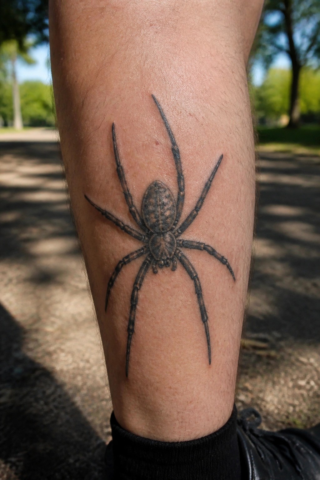 Detailed black spider tattoo on hairy forearm with sunny park background.