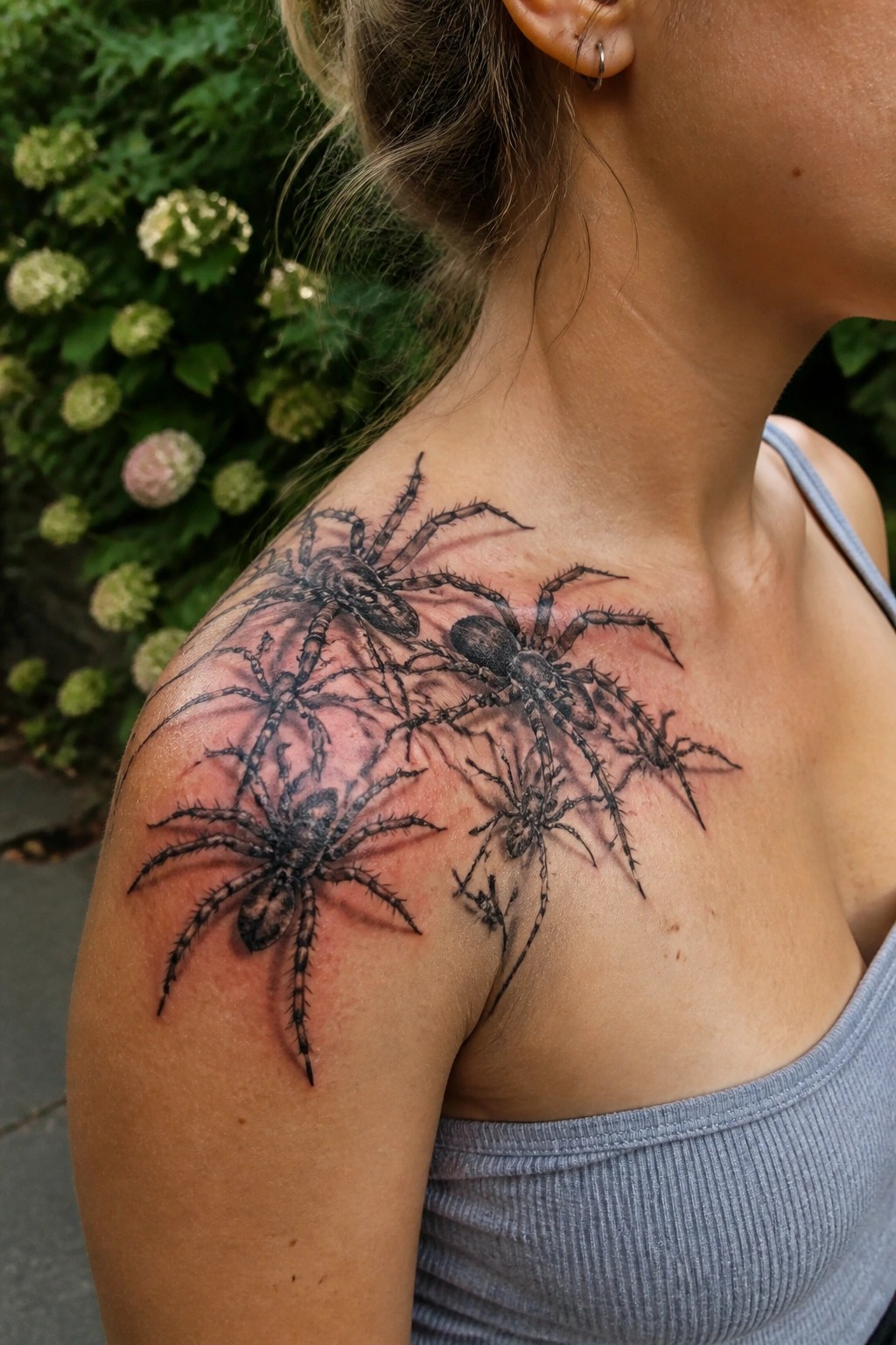 Large black spider tattoo on reddened shoulder of woman in gray tank top
