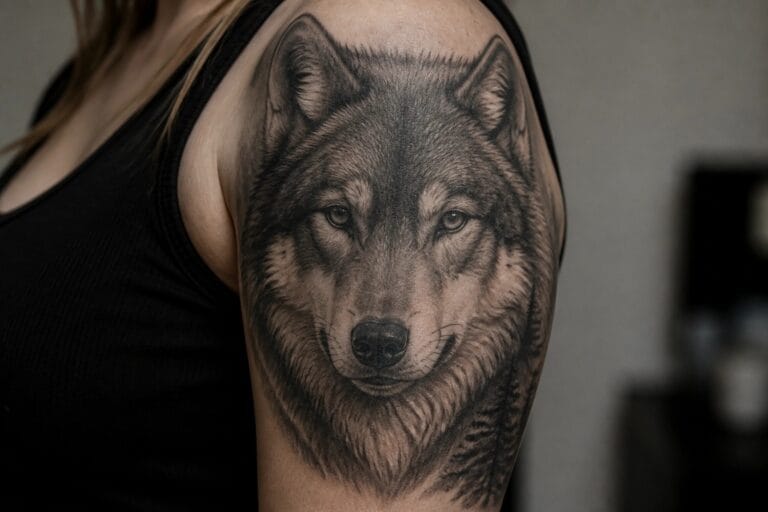 18 Realistic Wolf Tattoo Ideas for Women That Capture Fur, Eyes, and Lifelike Detail Realistic black and gray wolf head tattoo on a woman's upper arm and shoulder with detailed fur and forward facing eyes